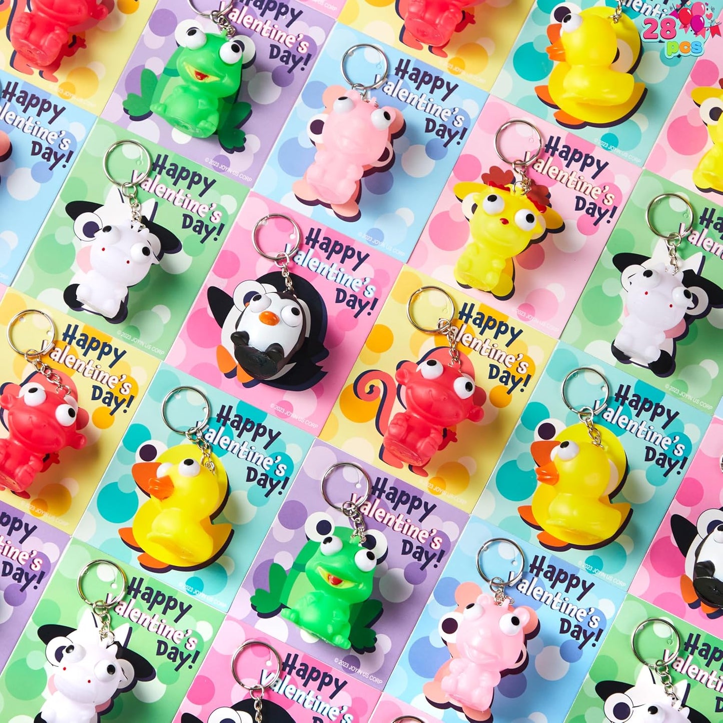 28 Packs Valentine'S Day Gifts Card with Unzip Popping Eyes Animal Keychains for Kids Party Favor, Classroom Exchange Prizes, Valentine’S Greeting Cards