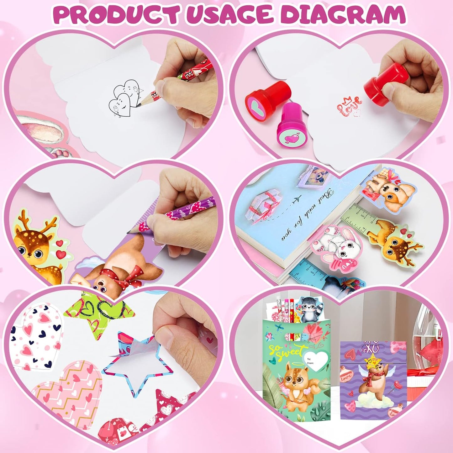 168 Pcs Valentines Day Stationery Kids Gifts Set, Valentines Gifts for Kids School Classroom Exchange, Valentines Party Favors for Boys Girls, Assorted Goodie Bag Pencil Sticker Ruler Stamp Notepad