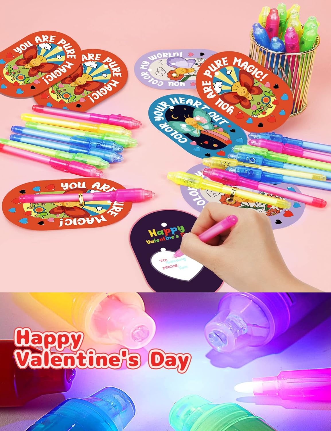 28 Pack Valentines Day Gifts for Kids with Invisible Disappearing Ink Pen, Spy Pen for Secret Message with Valentines Day Cards, Valentine Classroom Exchange Prizes Party Favor