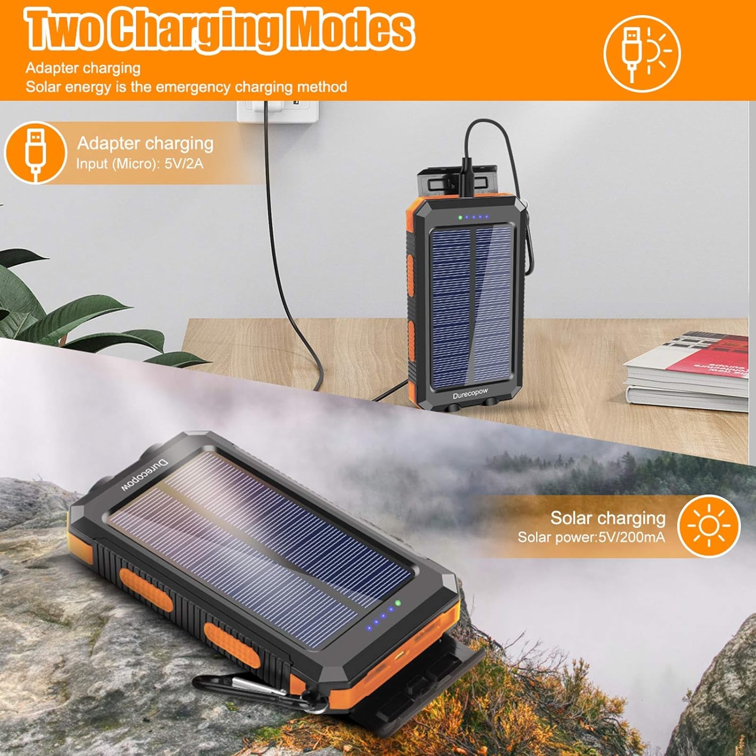 Solar Charger, 20000Mah Portable Outdoor Waterproof Solar Power Bank, Camping External Backup Battery Pack Dual 5V USB Ports Output, 2 Led Light Flashlight with Compass (Orange)