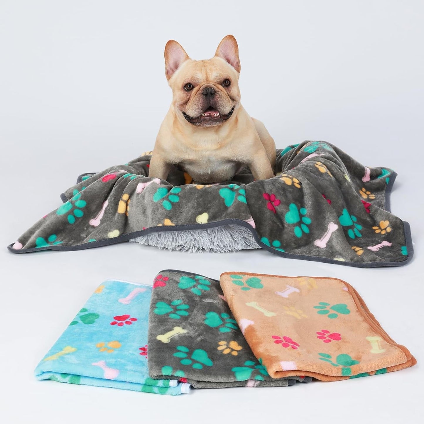 1 Pack 3 Blankets Fluffy Premium Fleece Pet Blanket Flannel Paw Printed Throw for Dog Cat(Small 23X16'', Grey/Brown/Blue)