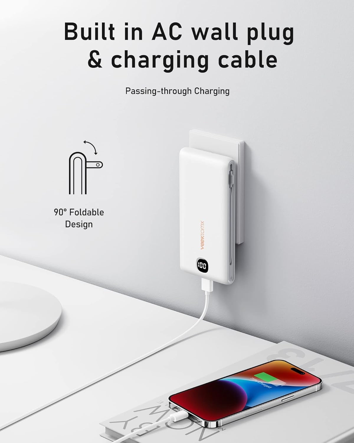 Portable Charger with Built in Cables 10000Mah, Power Bank for Iphone with Wall Plug, Travel Essential Fast Charging USB C Slim External Battery Pack for Iphone16/15/14, Samsung, Ipad, Etc