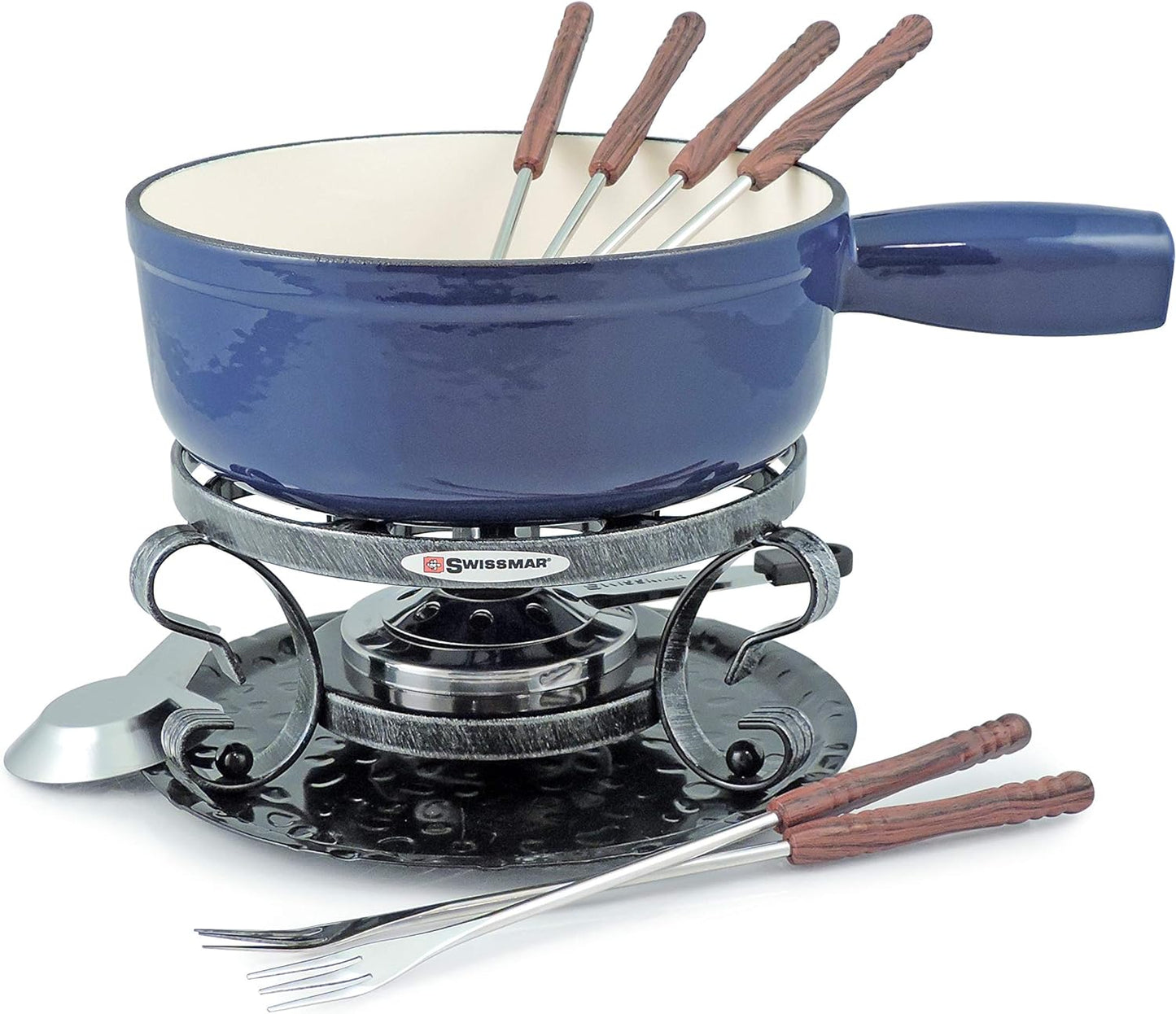 Wissmar Lugano Cast Iron Cheese Fondue Set, 9-Piece, 2 QT / 2 L - Ideal for Melting Cheese, Chocolates, Caramel, & More - Perfect for Kitchen Collection & Gift Giving - Deep Blue