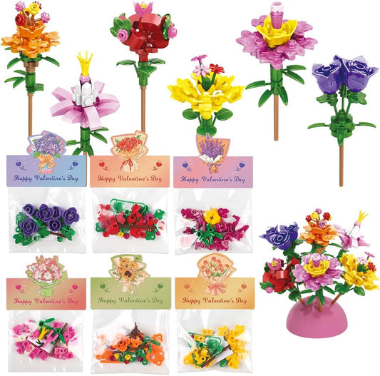 24 Pack Valentine'S Flower Bouquets Building Blocks - Ideal for Kids Classroom Exchange, Party Favors, and School Gifts, Includes Greeting Cards & Variety Designs for Boys and Girls