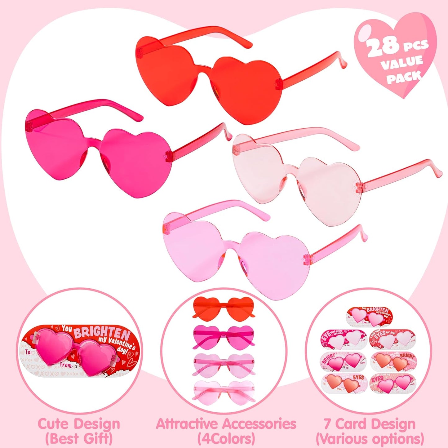 28 Packs Valentine'S Day Heart Shaped Sunglasses with Cards, Classroom Exchange Gift for Kids, Classroom Holiday Prizes, Stylish Eyewear in Vibrant Colors, Heart Shaped Glasses Party Favors