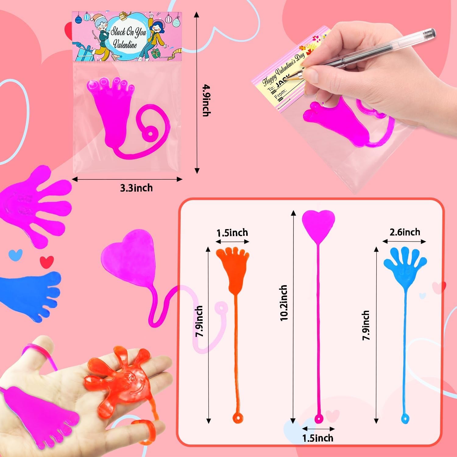 Valentines Day Gifts Cards for Kids Classroom, 28-Pack Sticky Hands Feet Hearts Toys with Class Exchange Cards, Valentines Non Candy Treats Goodies Prizes School Party Favors for Toddlers Boys Girls