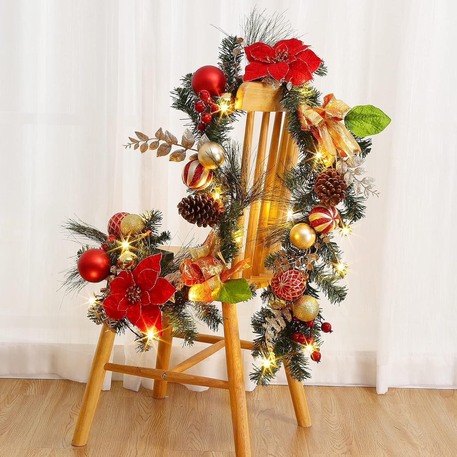 Christmas Lighted Garland, Red and Gold Theme 6FT 20LED Pre-Lit Christmas Garland with Ball Ornaments, Flowers, Ribbons, Pine Cones and Berries for Door Stairs Mantle Christmas Decoration