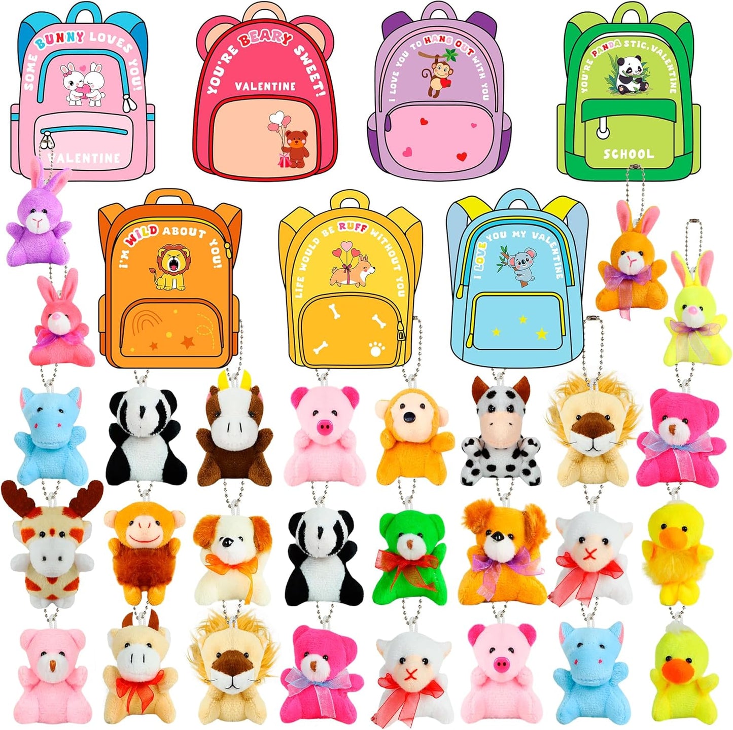 28 Pack Valentines Day Gifts Cards for Kids with Animals Plush Toys, Mini Stuffed Animal Keychain Bulk for Classroom Exchange School Game Prizes Valentine'S Party Favor Gift for Toddlers Boys Girls