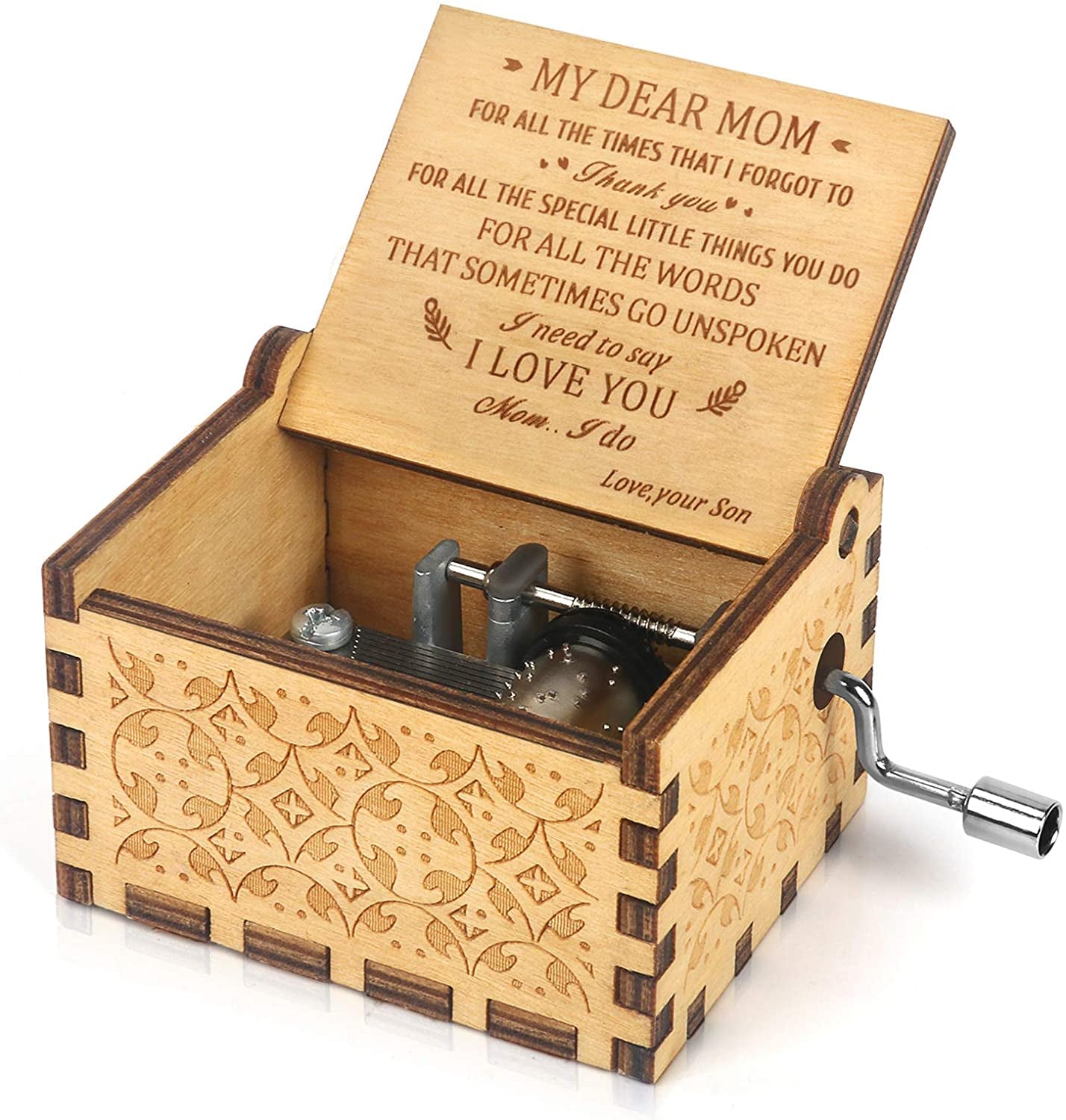 Music Box Hand Crank Engraved Musical Box-U R My Sunshine Mechanism Antique Vintage Personalizable Gift for Dear Mother from Son on Birthday Party