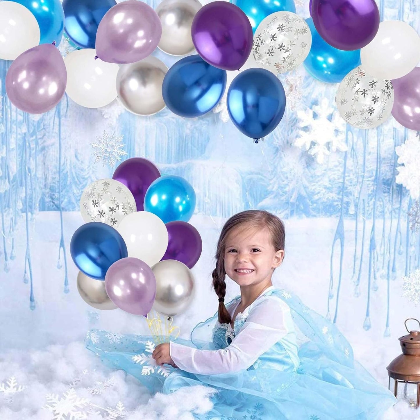 Frozen Balloon, 60 Packs 12 Inch Metallic Purple Blue White Silver Balloons with Snowflake Confetti Balloon for Frozen Birthday Party Baby Shower Christmas Winter Wonderland Party Decorations