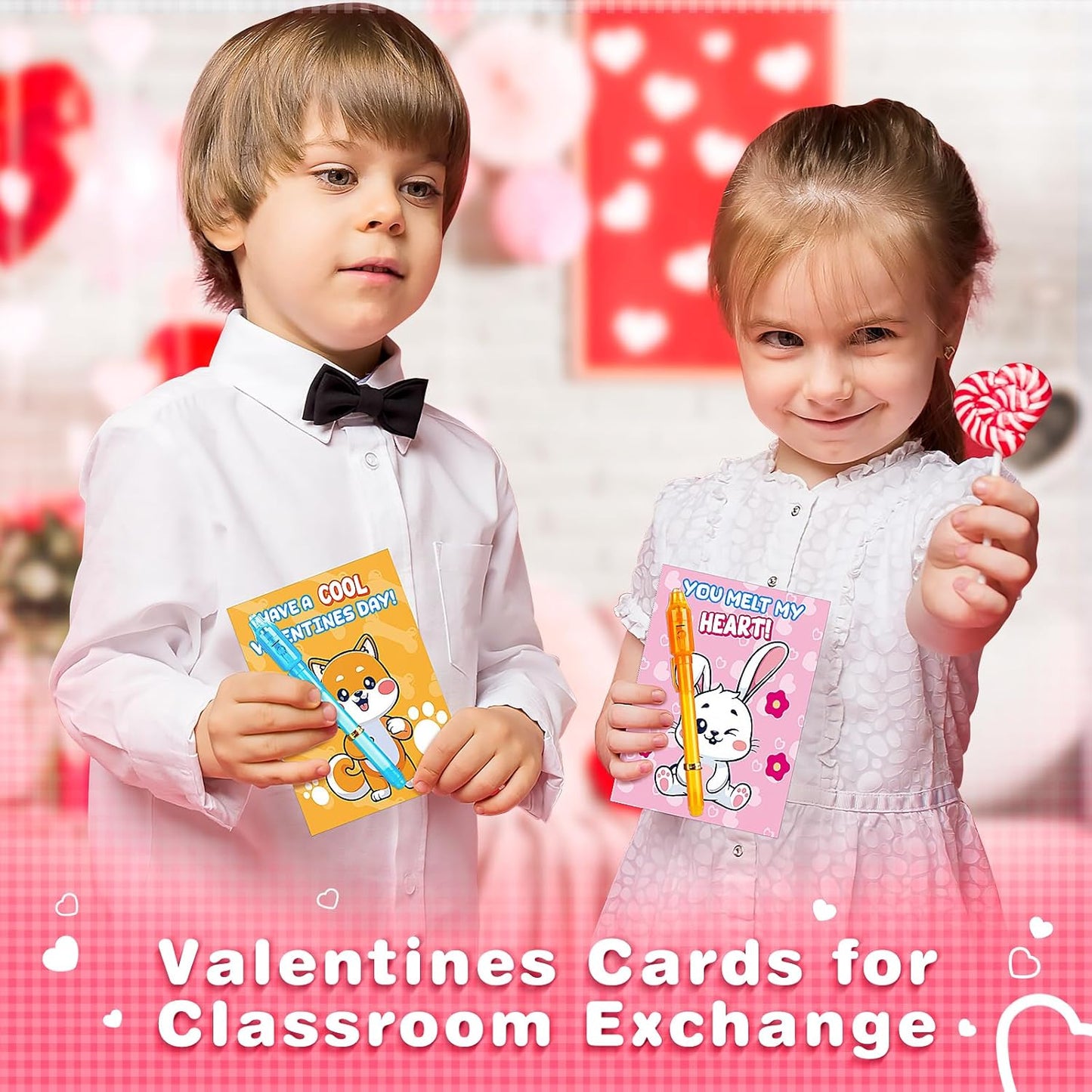 Valentine'S Day Gifts Cards for Kids，28 Pack Invisible Ink Pen with Greeting Cards for Kids Classroom Exchange Prizes, Magic Pen with UV Light for Secret Message, Valentine School Party Favors