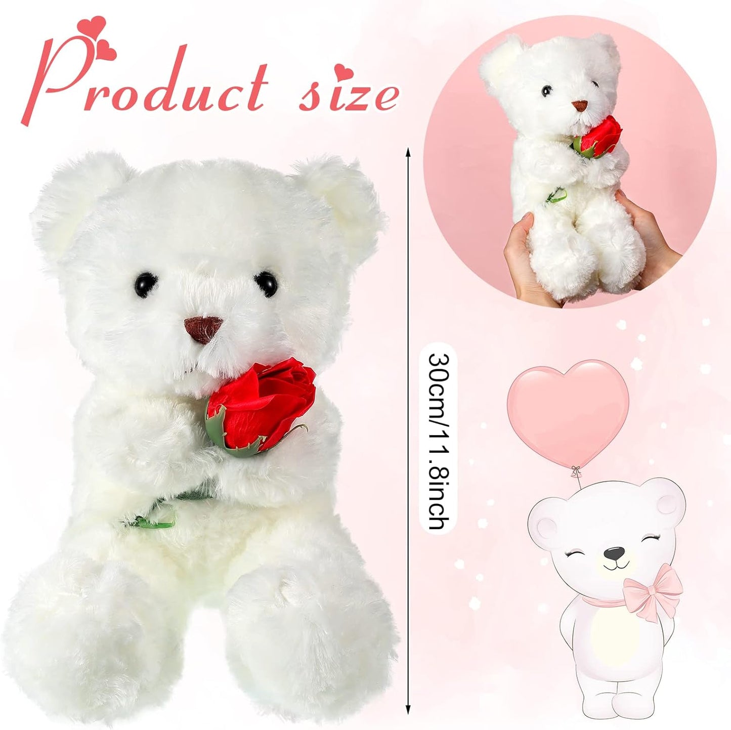 Valentine'S Day Plush Stuffed Animal Bear with Rose Funny Cute Stuffed Animal Plush Gifts for Girlfriend Valentine'S Day, 11.8 Inches(White)