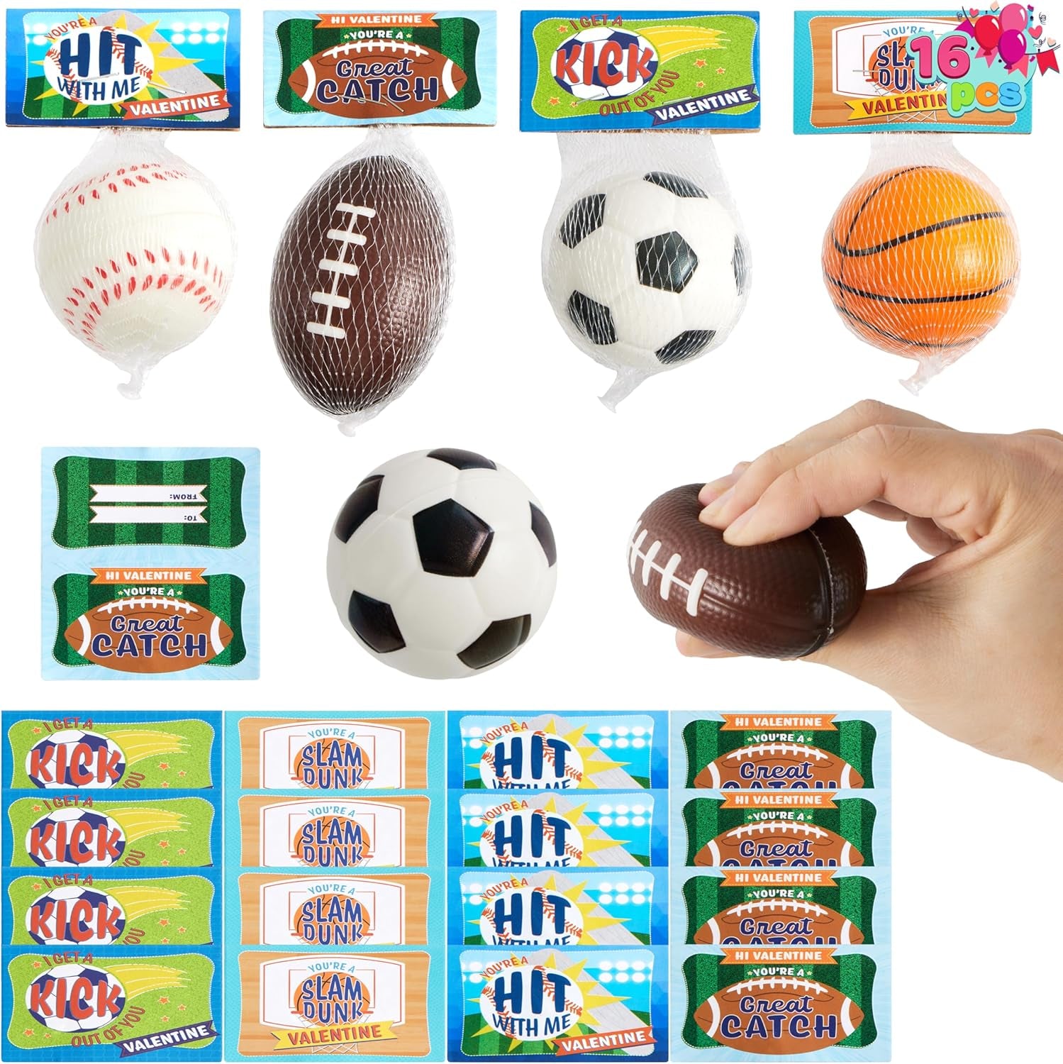 16 Pcs Valentines Day Mini Sports Stress Ball with Valentine Gift Cards, Squeeze Foam Balls for Classroom Exchange Prizes, Stress Relief, Anxiety Relief, Valentine Party Favor Toys