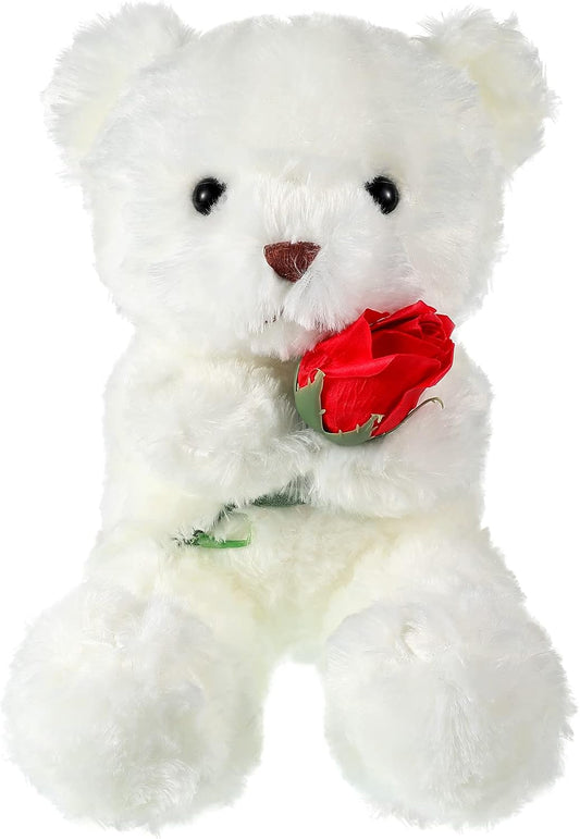 Valentine'S Day Plush Stuffed Animal Bear with Rose Funny Cute Stuffed Animal Plush Gifts for Girlfriend Valentine'S Day, 11.8 Inches(White)