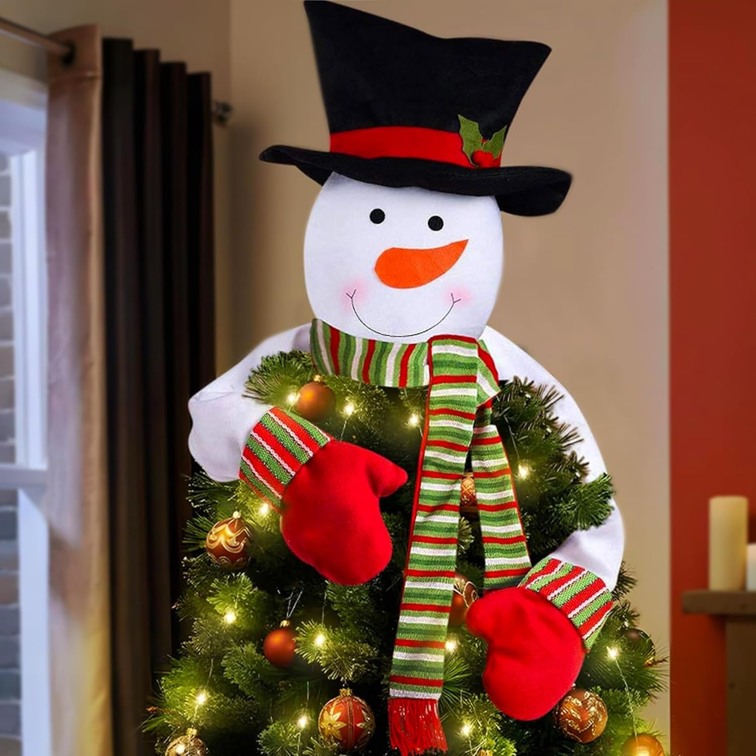 Christmas Tree Topper Snowman Hugger with Lights Strips - Xmas Holiday Winter Wonderland Party Decoration Ornament Supplies