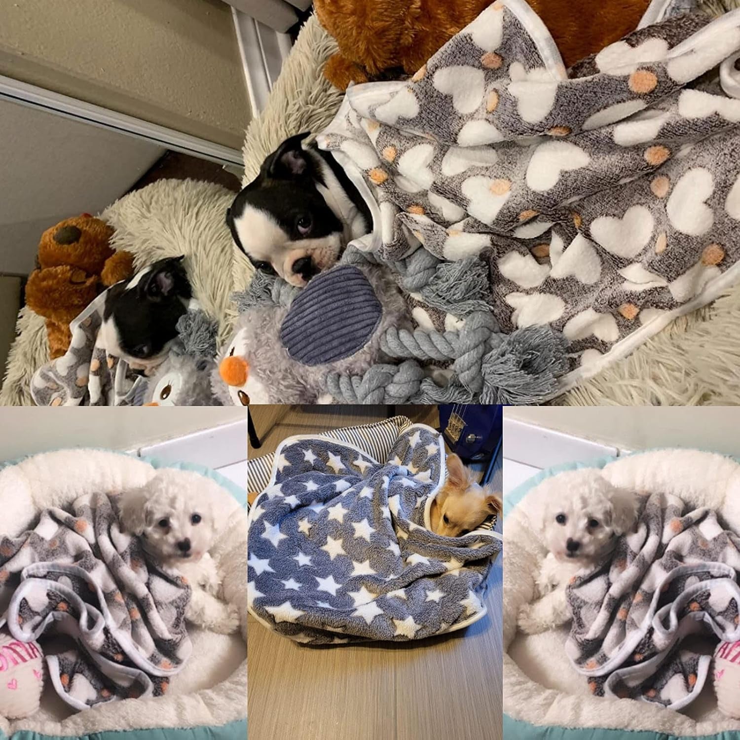 1 Pack 3 Puppy Blankets Super Soft Warm Sleep Mat Grey Cute Print Fluffy Fleece Pet Flannel Throw Dog Blankets for Small Dogs Cats,Star&Bone&Love- Small (23"X15")