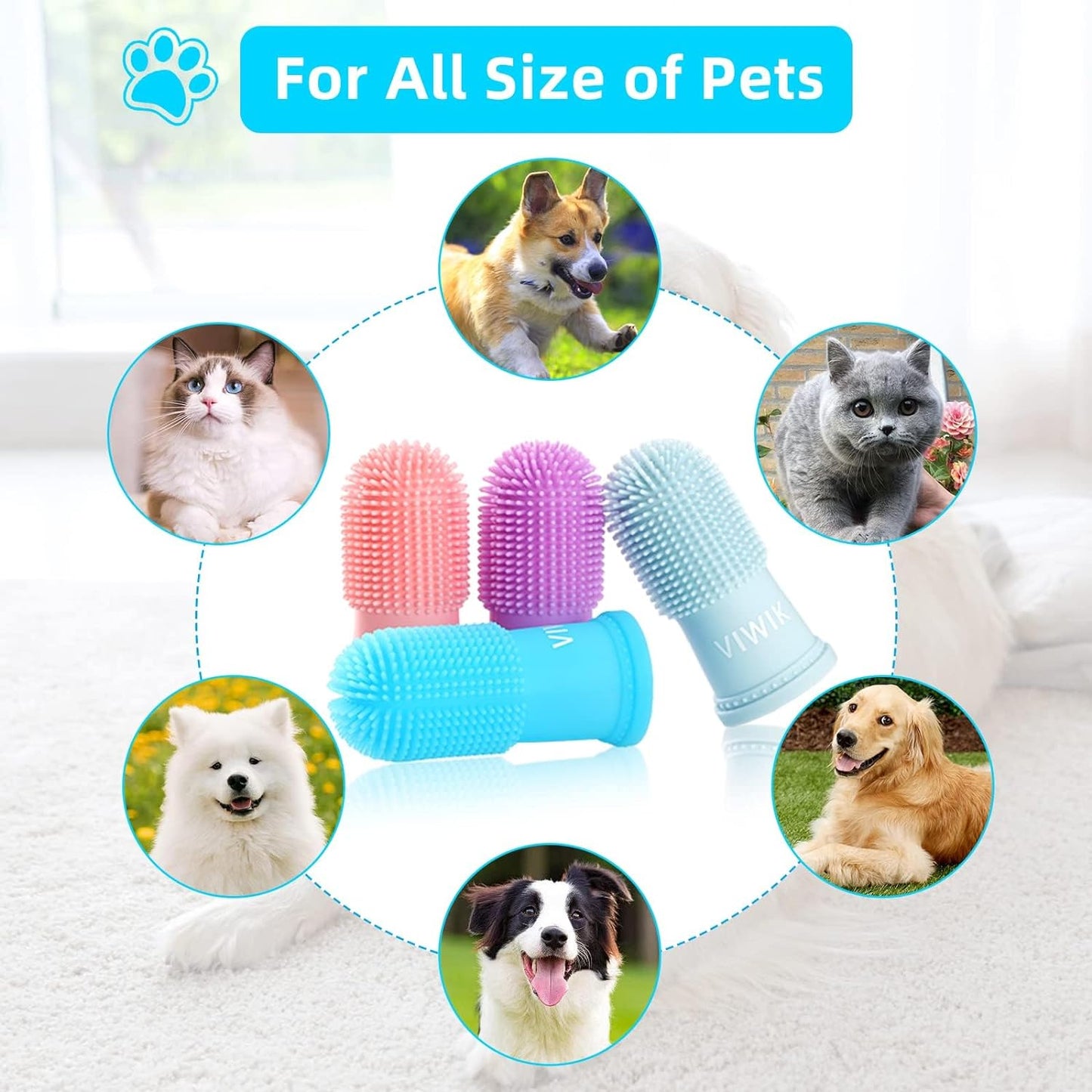 Dog Bath Gloves with 4Pack Dog Toothbrush, Dog Grooming Kit, Dog Finger Toothbrush for Small Breed, Medium Large Dogs, Silicone Dog Washing Gloves with High-Density Teeth, Pet Grooming Gloves