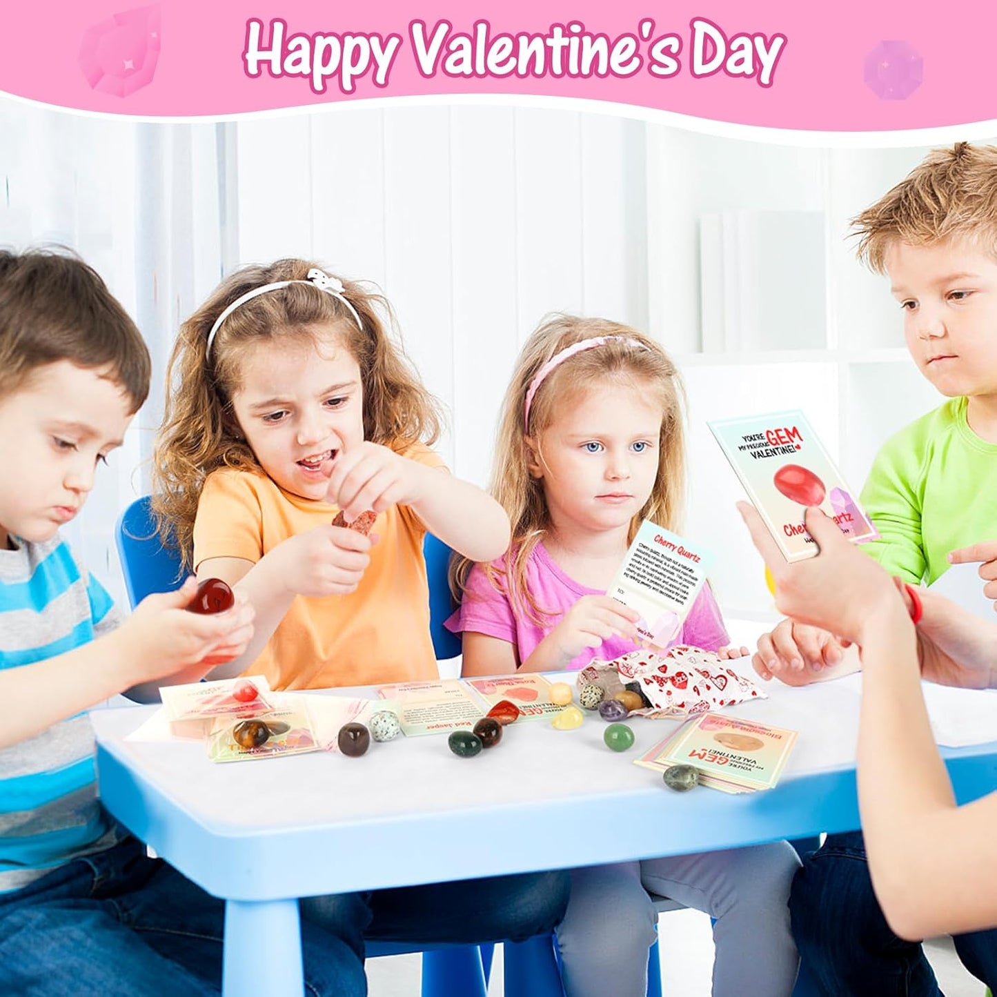 Valentines Day Gifts for Kids - 28 Pack Valentine Day Exchange Cards & Natural Gemstone Crystals Rocks Minerals Bulk,Valentines Day Cards for Boys Girls Classroom Party Favors