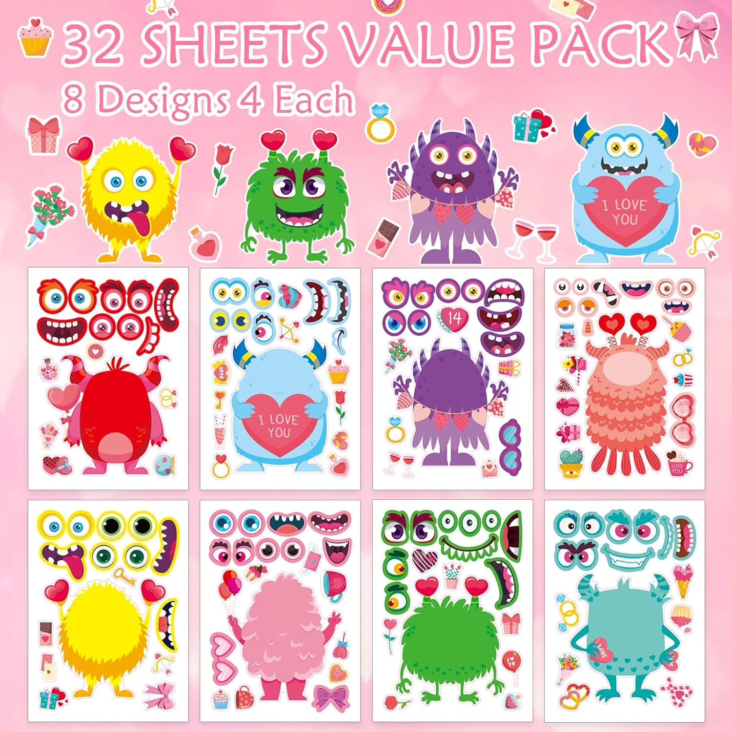 32 Sheets Valentine’S Monster Make-A-Face Stickers | Valentine’S Day Gifts for Kids DIY Crafts & Classroom Party Supplies | Fun Valentine Exchange, Activities, and Goodie Bag Stuffers