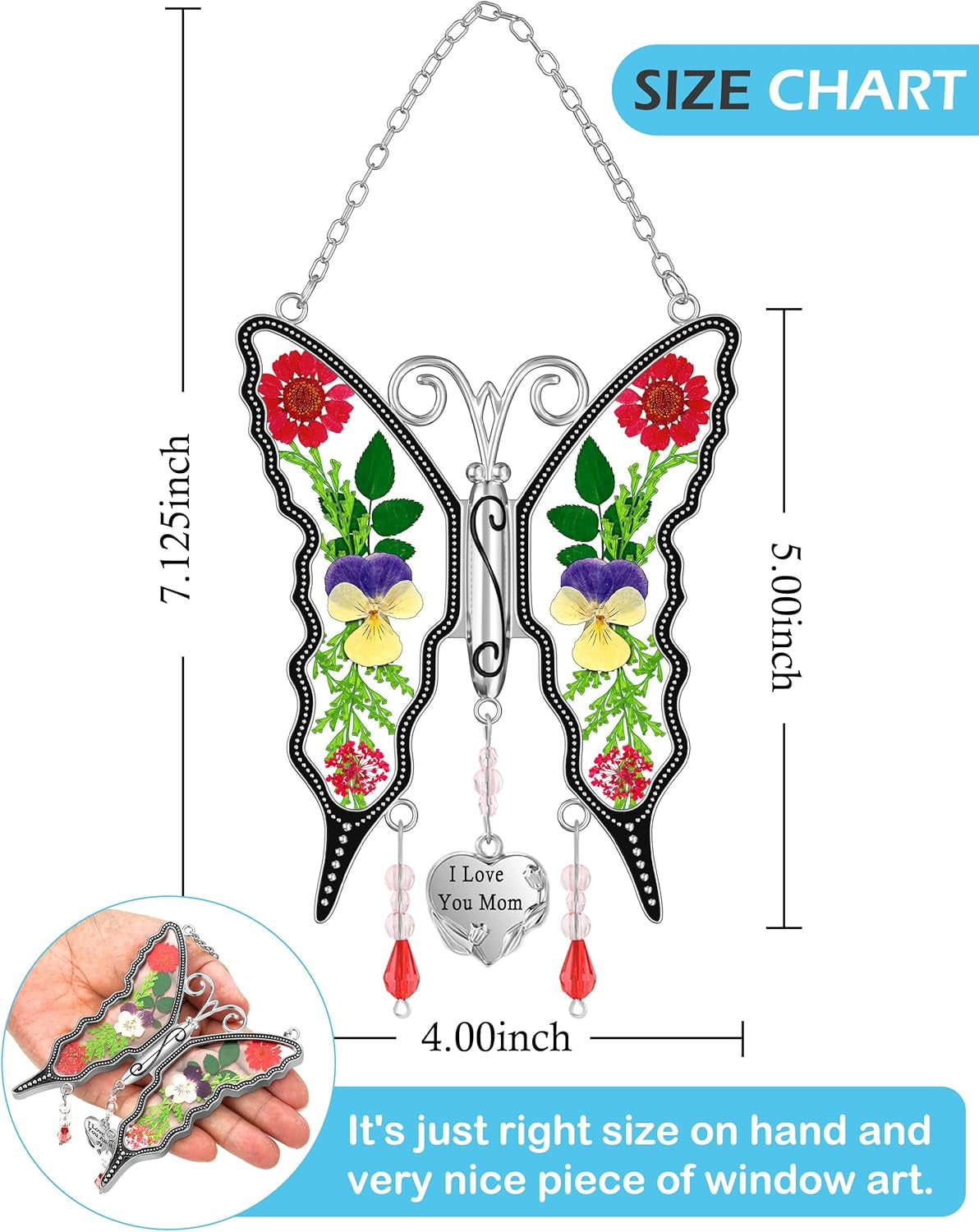 Gifts for Mom Butterfly Suncatcher Mom Gifts Mothers Day I Love You Mom Stained Glass Sun Catcher for Window Hangings Wind Chime Ornament Birthday Gift for Mother`S Day Valentine`S Christmas