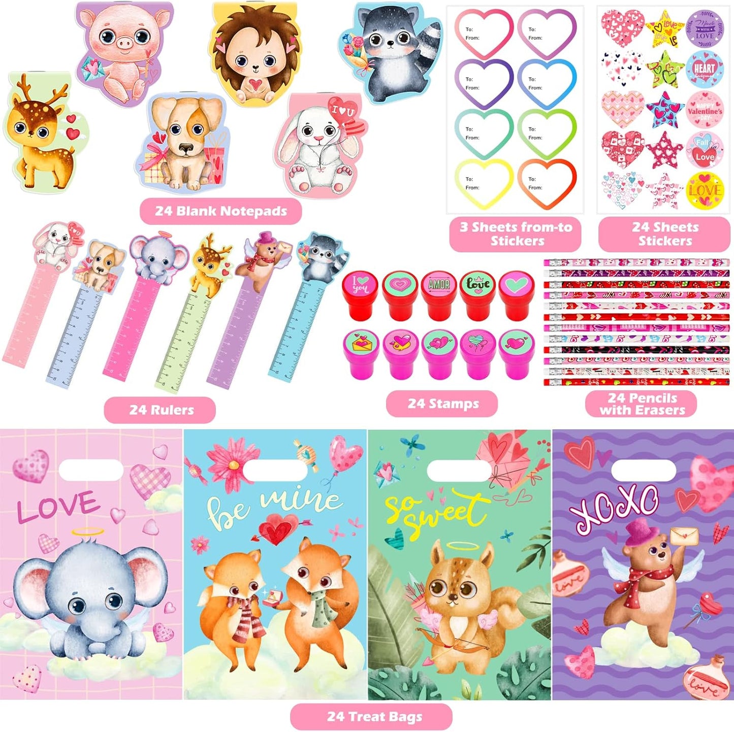 168 Pcs Valentines Day Stationery Kids Gifts Set, Valentines Gifts for Kids School Classroom Exchange, Valentines Party Favors for Boys Girls, Assorted Goodie Bag Pencil Sticker Ruler Stamp Notepad