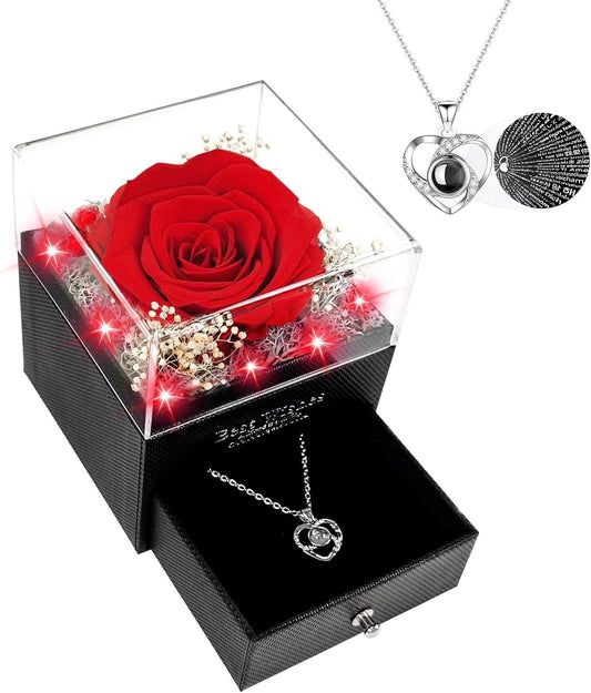 Preserved Real Rose with Heart Necklace - Eternal Rose Gift for Women, Romantic Valentine'S Day Gifts for Wife, Girlfriend, Mom, Grandma, Fiance on Birthday, Anniversary, Mother'S Day, Christmas (Red)