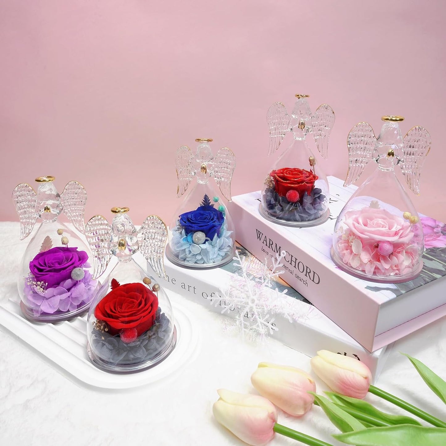 Preserved Flower Rose Birthday Gifts for Mom, Glass Angels Figurines Gifts for Women Grandma Mothers, Forever Real Flowers Unique Gifts for Valentine Mother'S Day Anniversary Thanksgiving ﻿