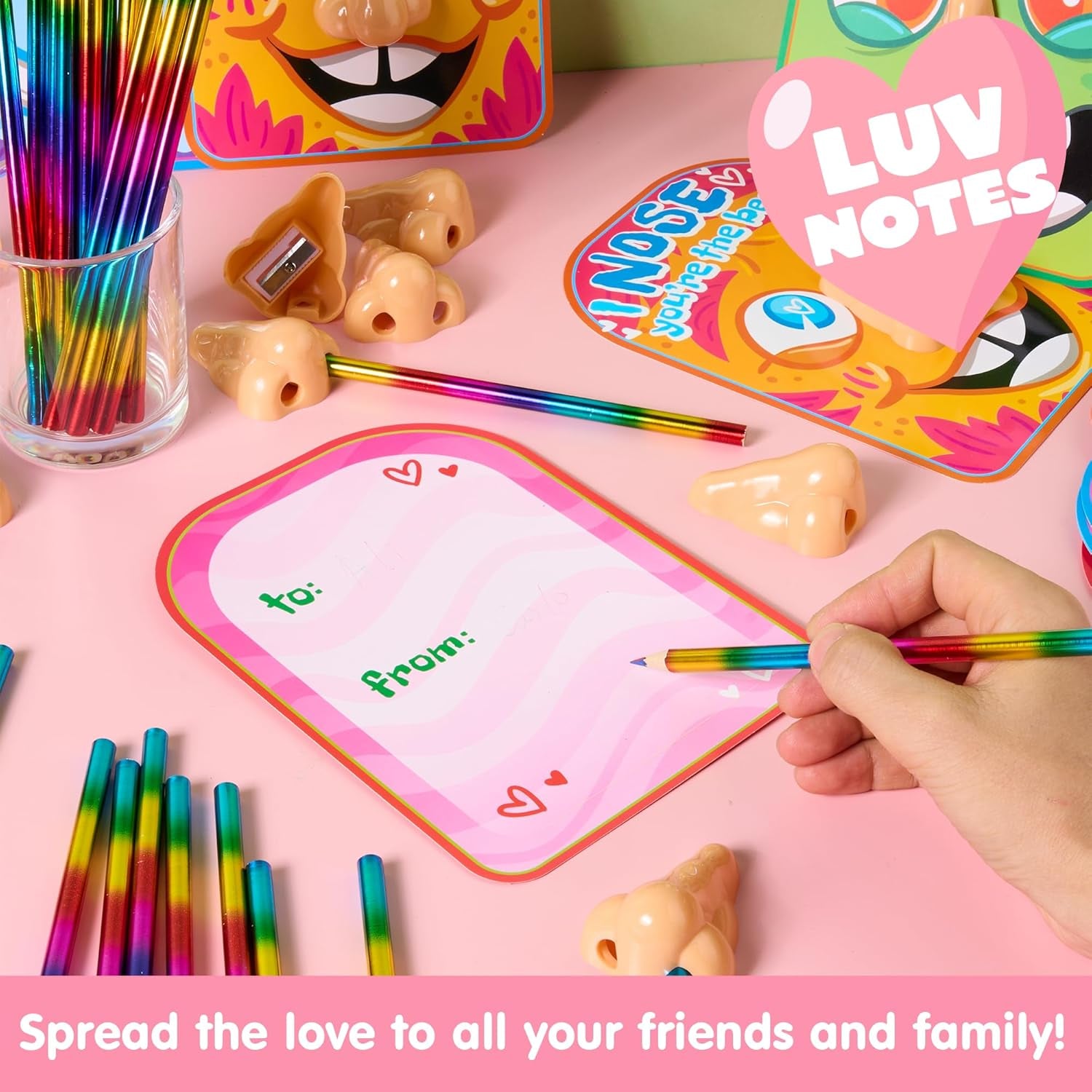 28PCS Valentines Day Stationery Kids Gift Set, Funny Nose Cards and Pencils Perfect for Classroom Exchange, Party Favor Holiday Reward Prizes