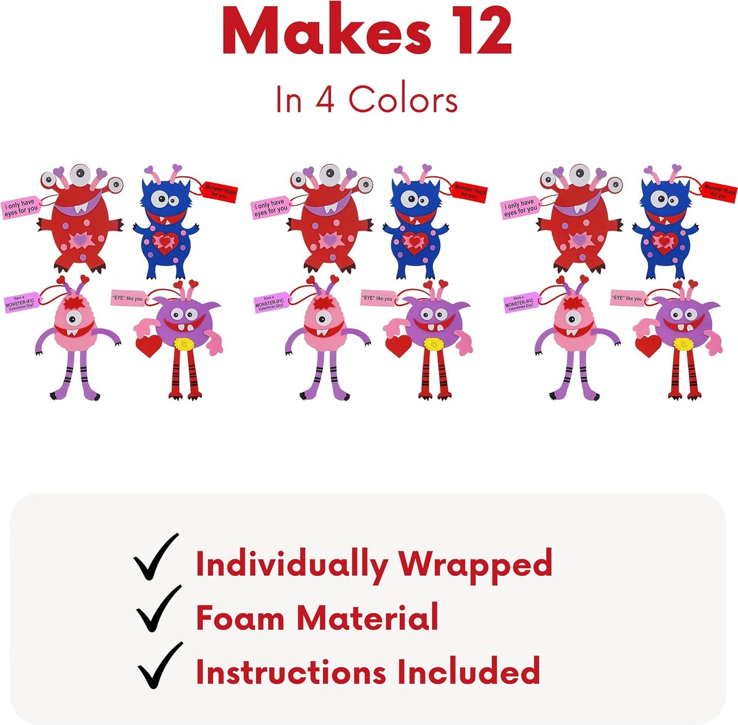 Valentines Monster Craft Ornament (12 Pack) Foam Valentines Day Crafts for Kids Classroom DIY Card Activity Bulk - Individually Wrapped