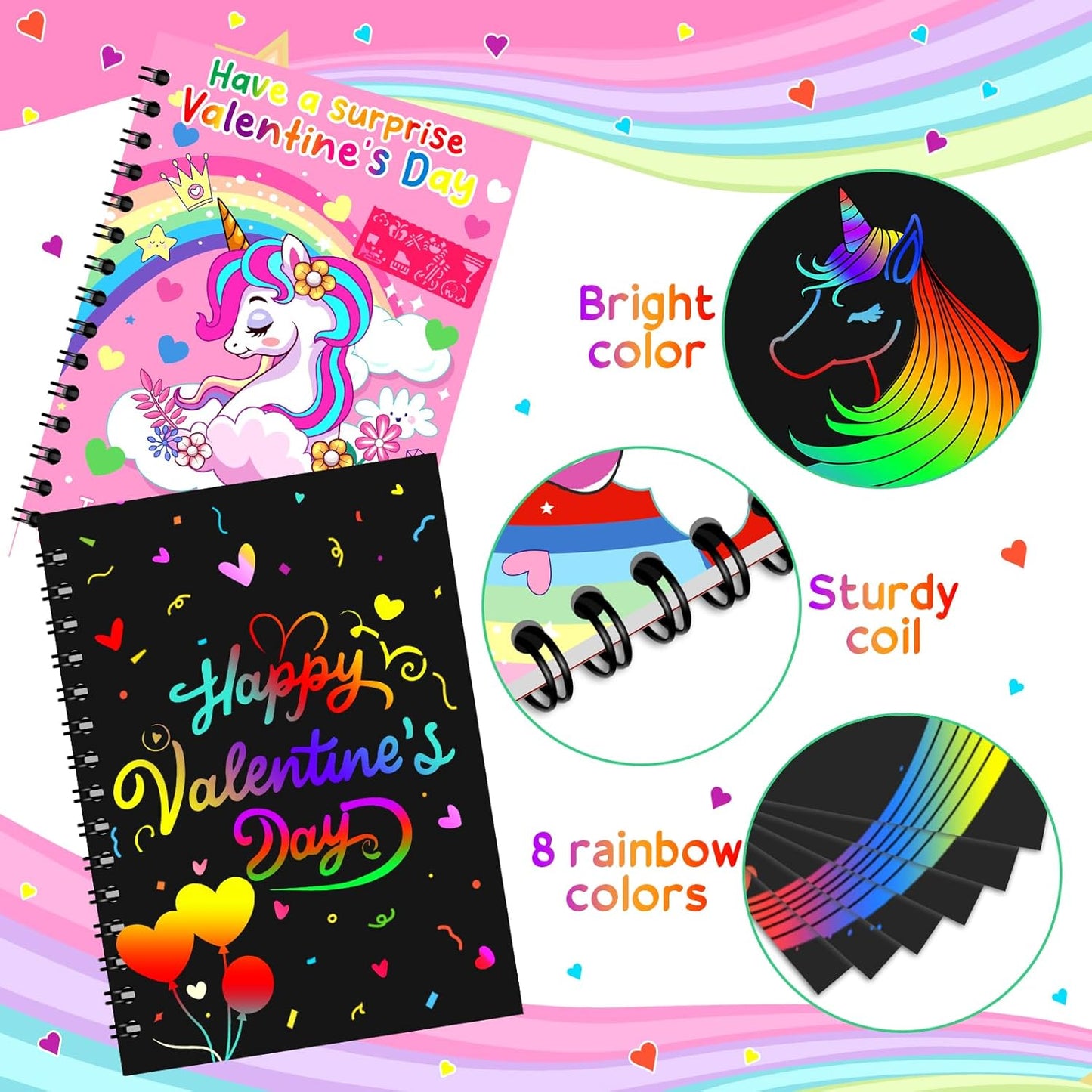 Valentines Day Cards Gifts for Kids 24 Scratch Paper with Valentines Unicorn Cards Bulk Scratch Art Notebook Valentines Classroom School Exchange Prizes for Girls Boy Students Toddlers Party Favor Bag