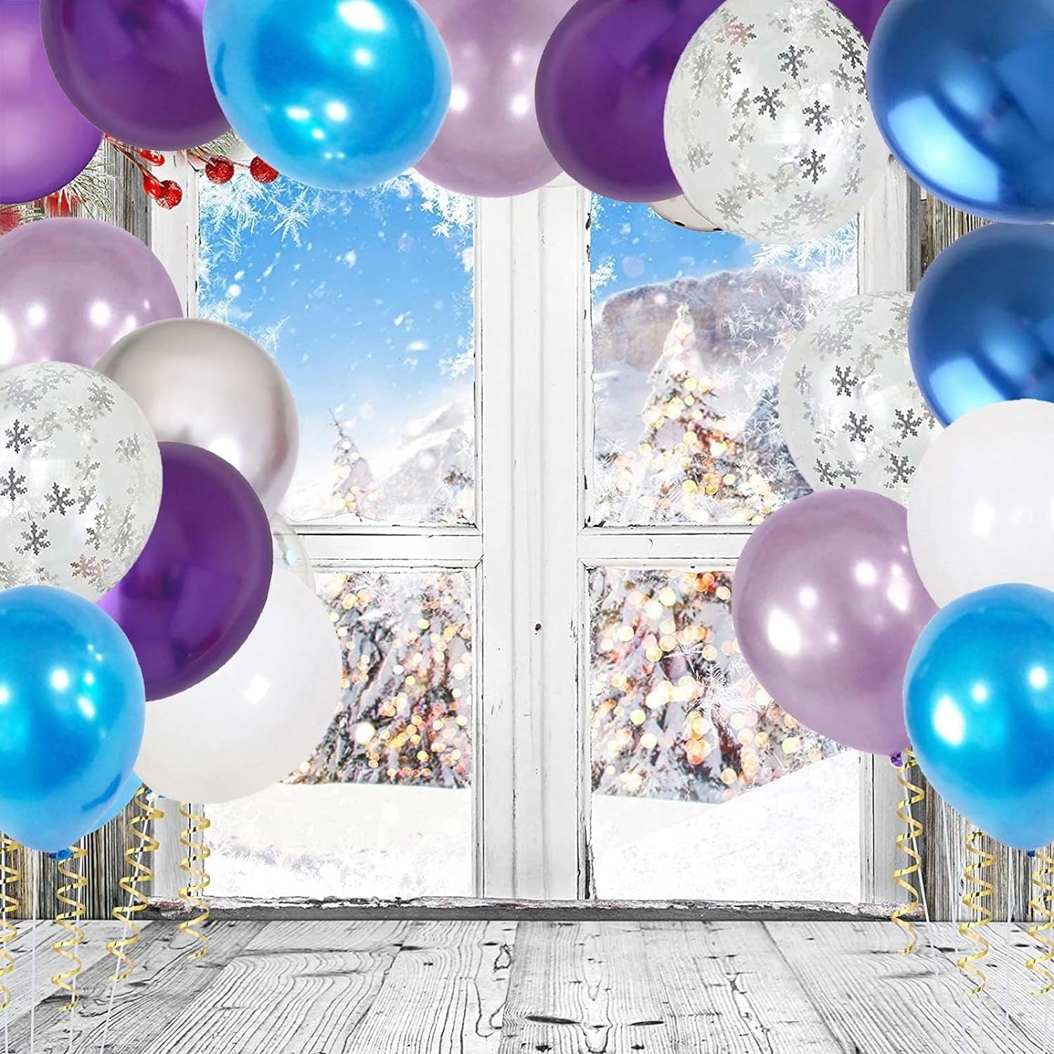 Frozen Balloon, 60 Packs 12 Inch Metallic Purple Blue White Silver Balloons with Snowflake Confetti Balloon for Frozen Birthday Party Baby Shower Christmas Winter Wonderland Party Decorations