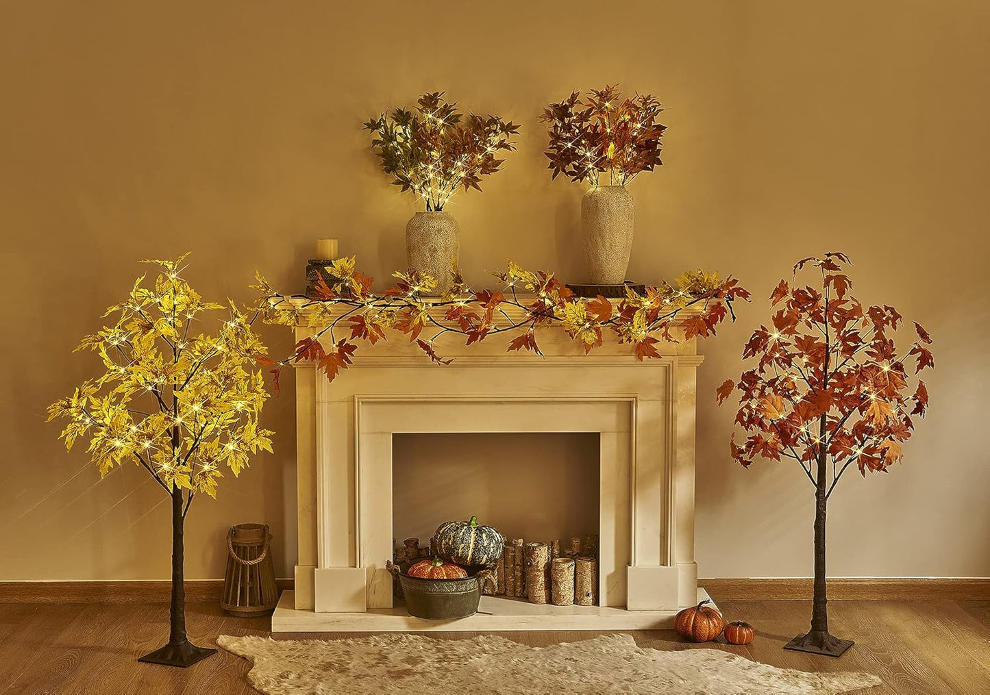 Lighted Fall Garland with Timer 6FT 24 Warm White LED, Maple Leaf Vine with Lights Battery Operated for Mantle Fireplace Autumn Thanksgiving Harvest Decoration Indoor Outdoor