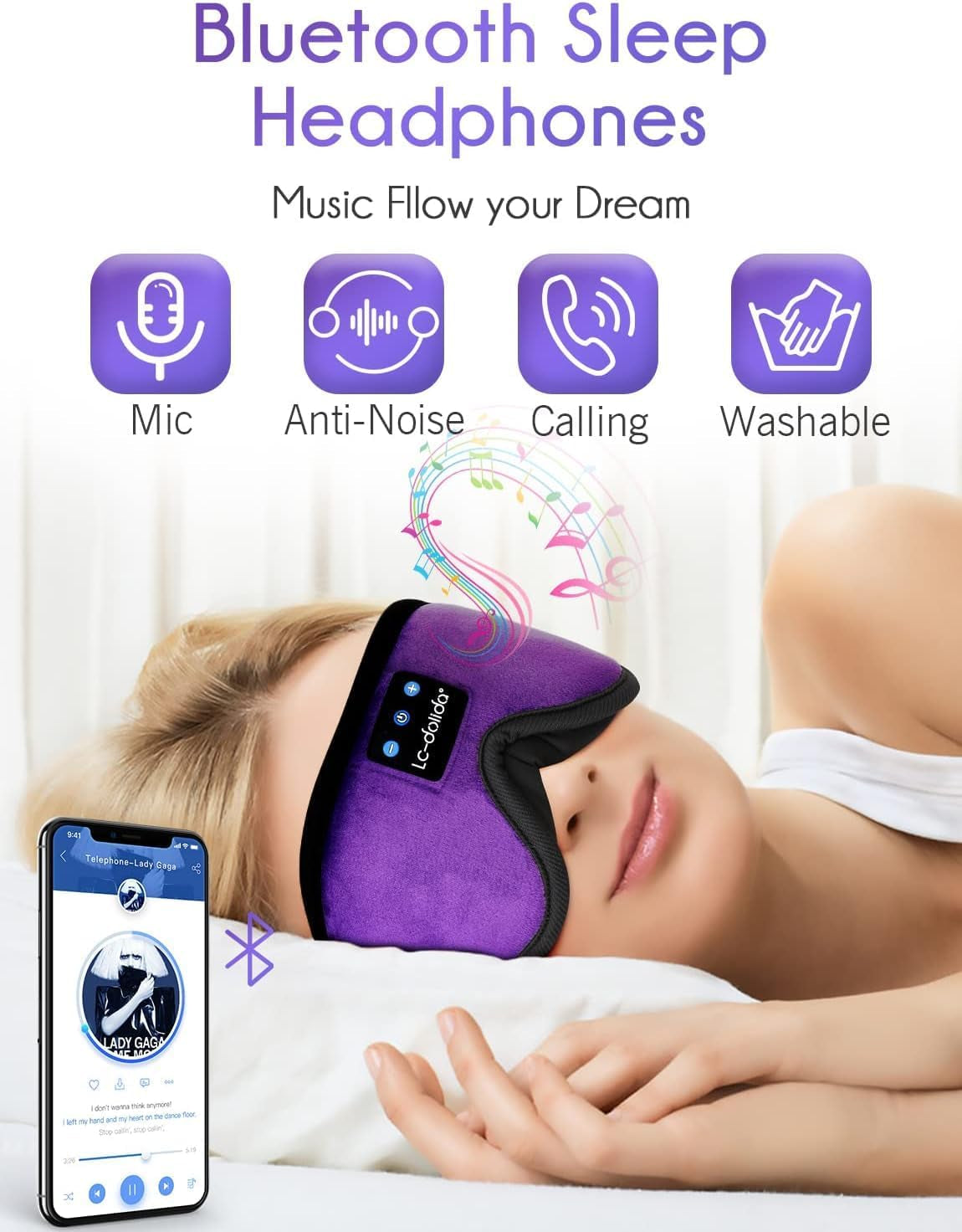 Sleep Headphones, Sleep Mask Bluetooth Wireless Music Eye Mask, Sleeping Headphones for Side Sleepers Sleep Mask with Bluetooth Headphones Ultra-Thin Stereo Speakers Perfect for Sleeping