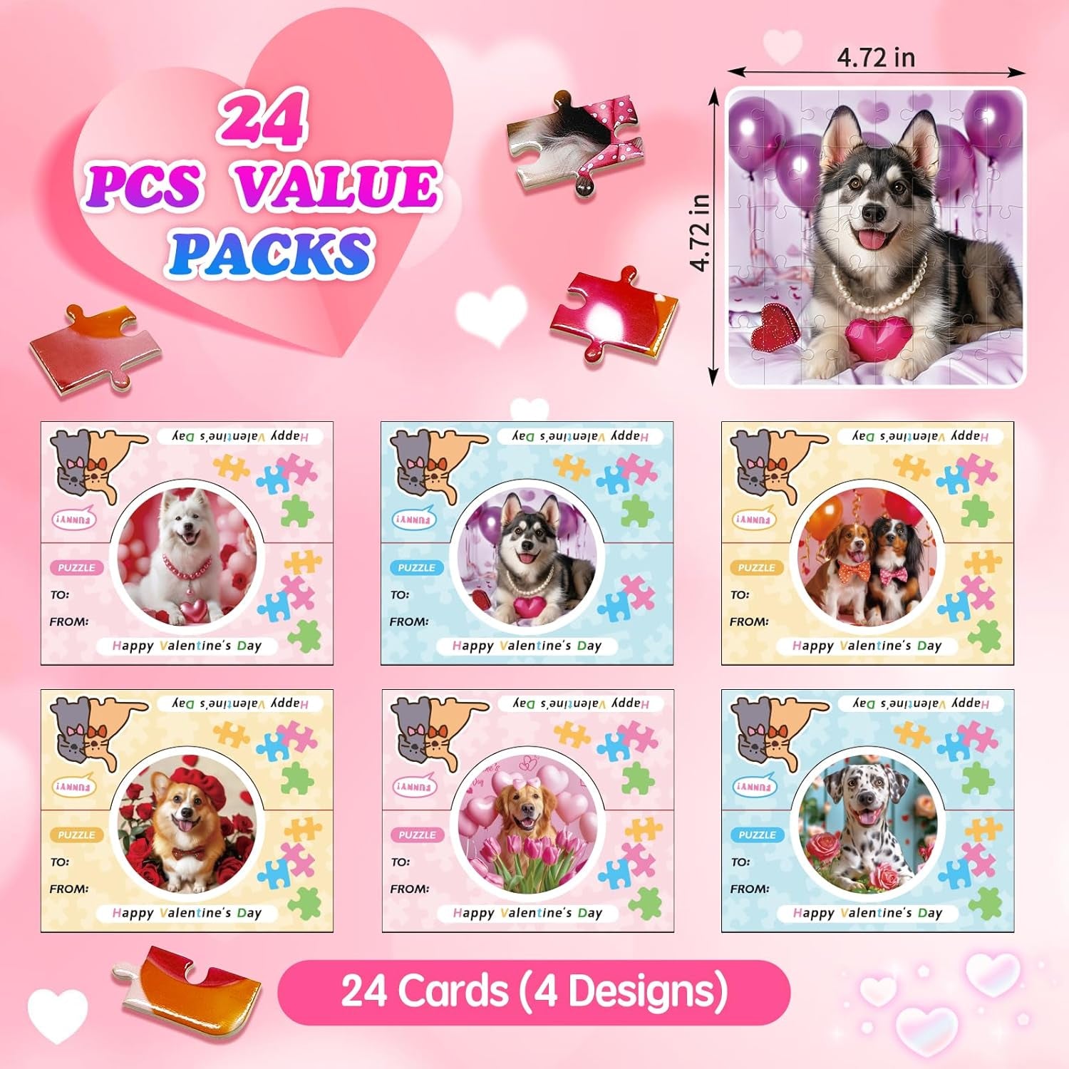 24 Packs Valentine Day Gifts for Kids with Cards Dogs Jigsaw Puzzles Goodies Bags Classroom Gifts Exchange for Boys and Girls