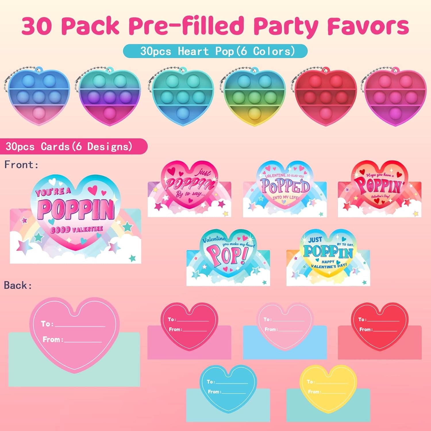 Valentines Day Gift Cards for Kids: 30 Packs Heart Pop Fidget Toys Bulk, Mini Pop Squeeze Toys Stress Relief Fidget Toys for Classroom School Party Favors Exchange Gifts Toddlers Girls Boys Ages 3+