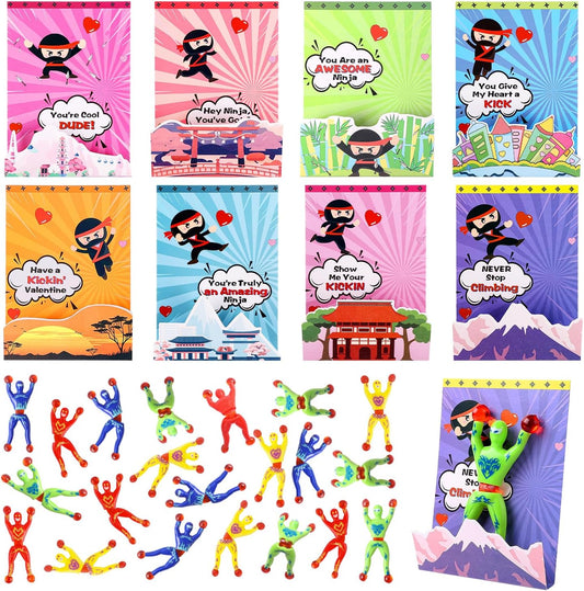 Valentines Day Cards for Kids, 32 Pack Valentines Day Gifts for Kids Classroom with Sticky Wall Climbing Ninjas, 3D Valentines Day Exchange Cards for Boys Girls School Party Supplies Greeting Cards