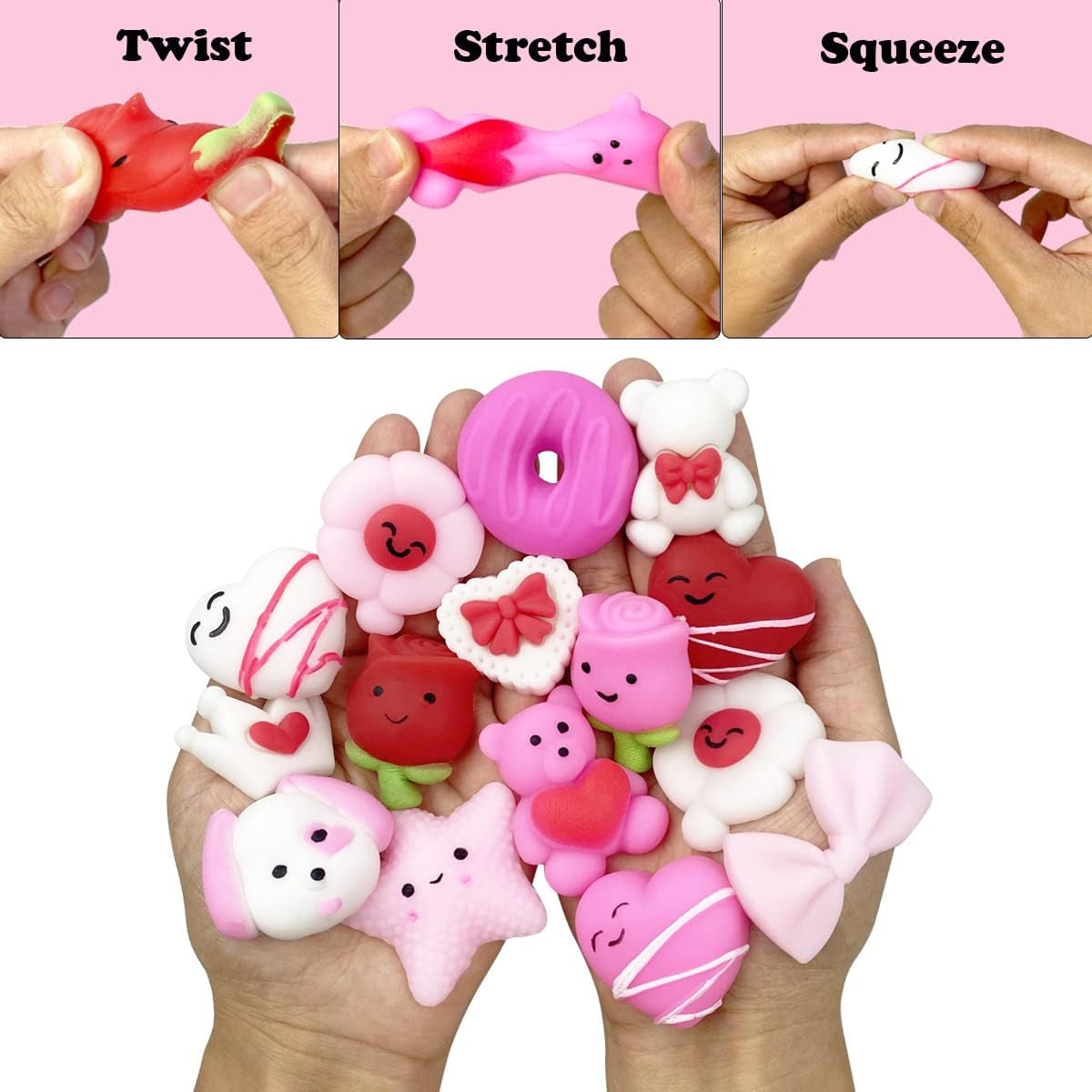 100 PCS Valentines Day Mochi Squishy Toys Squishies for Kids School Class Classroom Valentines Day Cards Gifts Prizes Party Favors