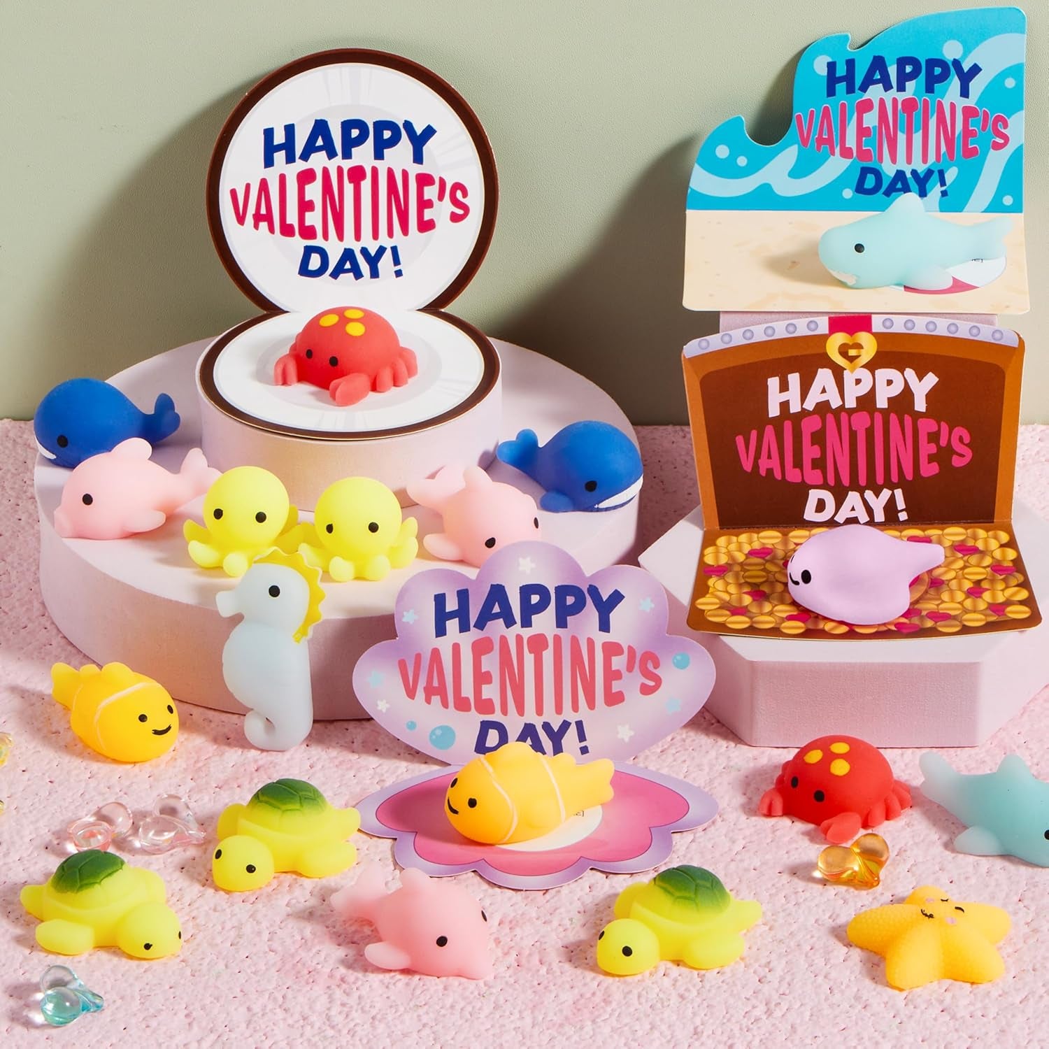 30 Packs Valentine Day Gift Cards with Mochi Squishy Toys, Stress Relief Fidget Toys, Kawaii Mochi Squeezes for Kids Holiday Party Favor, Gift Goodie Bag Filler, Classroom Exchange Prizes