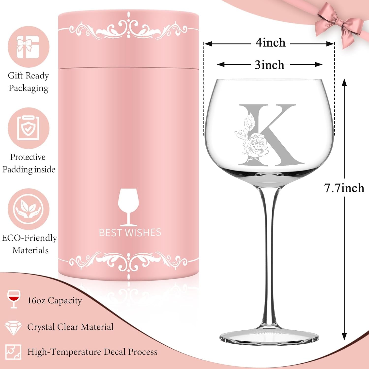 Gifts for Women, Friend, Mom, Wife,Her, Monogrammed A-Z Personalized Wine Glass Gift, Customized Gifts for Women Birthday, Christmas, Mothers Day, Valentine'S Day Gifts (K)