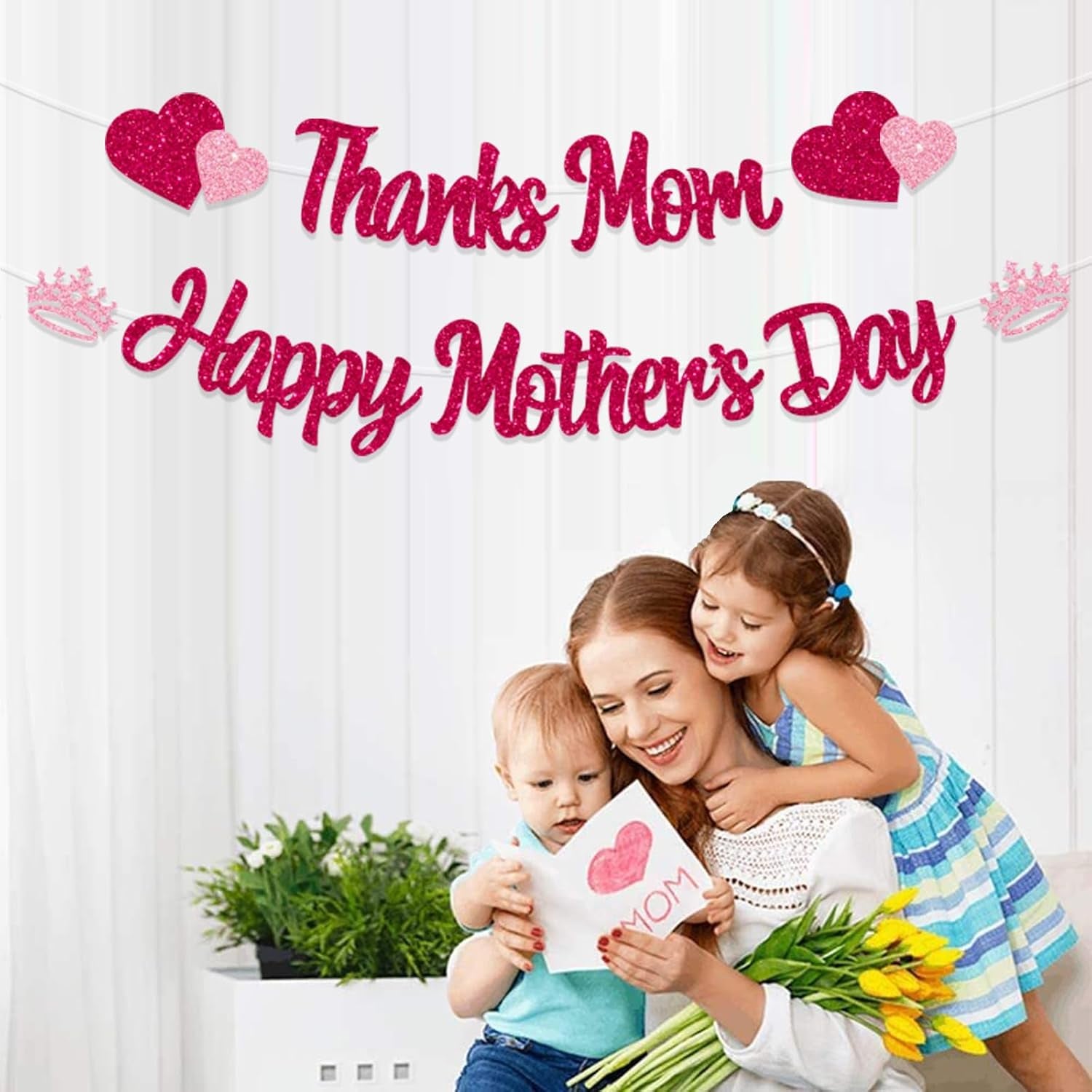 Glitter Happy Mother'S Day Banner Thanks Mom Banner Garland Happy Mothers Day Decorations for Party Supplies Mother'S Day Decor Mothers Day Garlands Sign