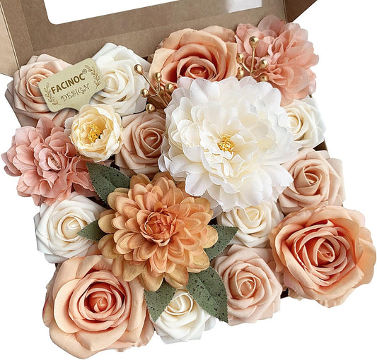 Roses Artificial Flowers Orange Bouquets Box Set Fake Flower with Stems for DIY Bridal Wedding Shower Decorations Faux Silk Floral Arrangements for Party Table Centerpieces Home Decor Indoor