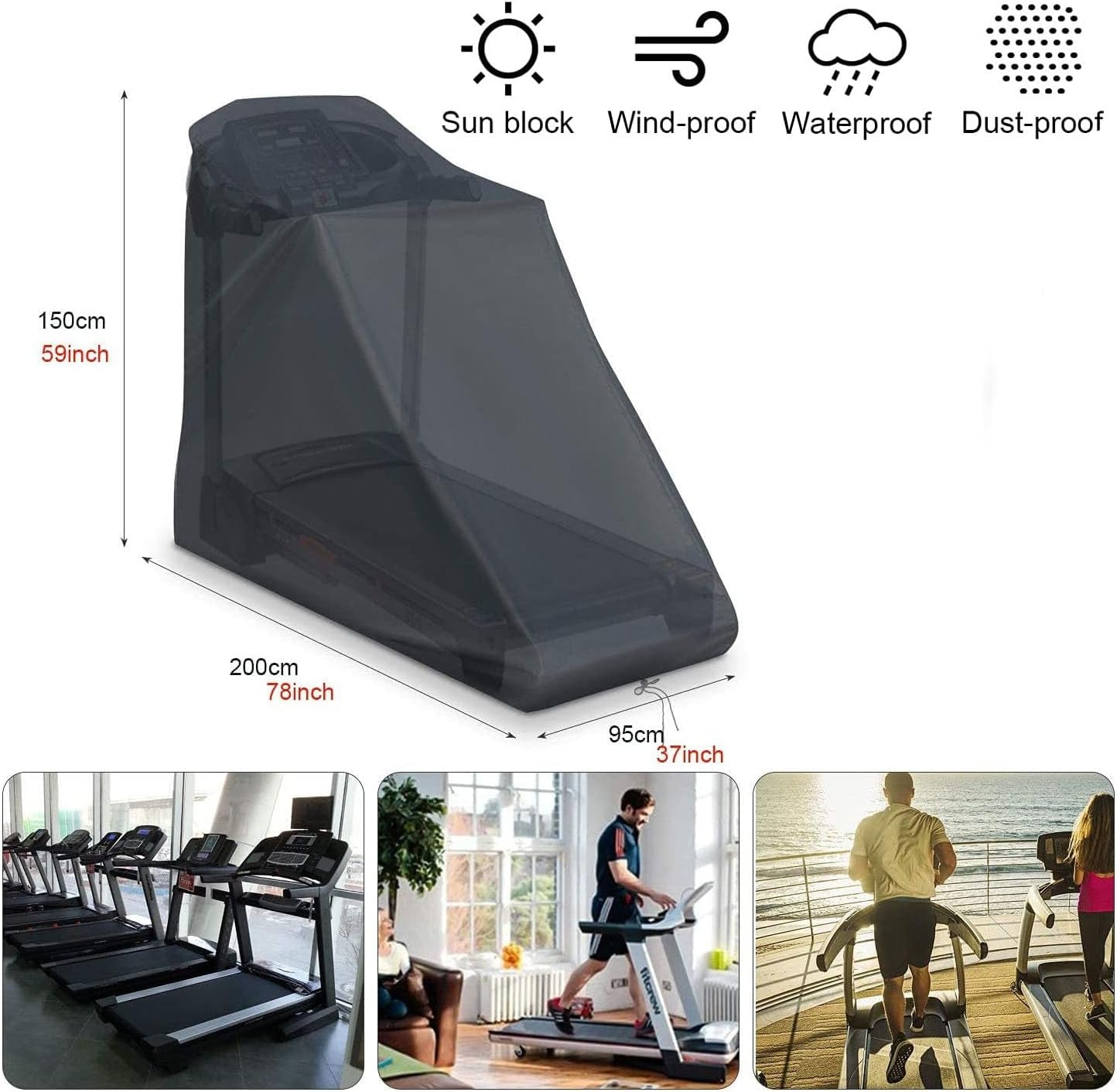 Treadmill Cover Waterproof Outdoor, Dust-Proof Running Machine Cover, Protective Cover for Home Fitness Equipment Treadmill Indoor & Outdoor (Black,78 X 37 X 59 Inch)