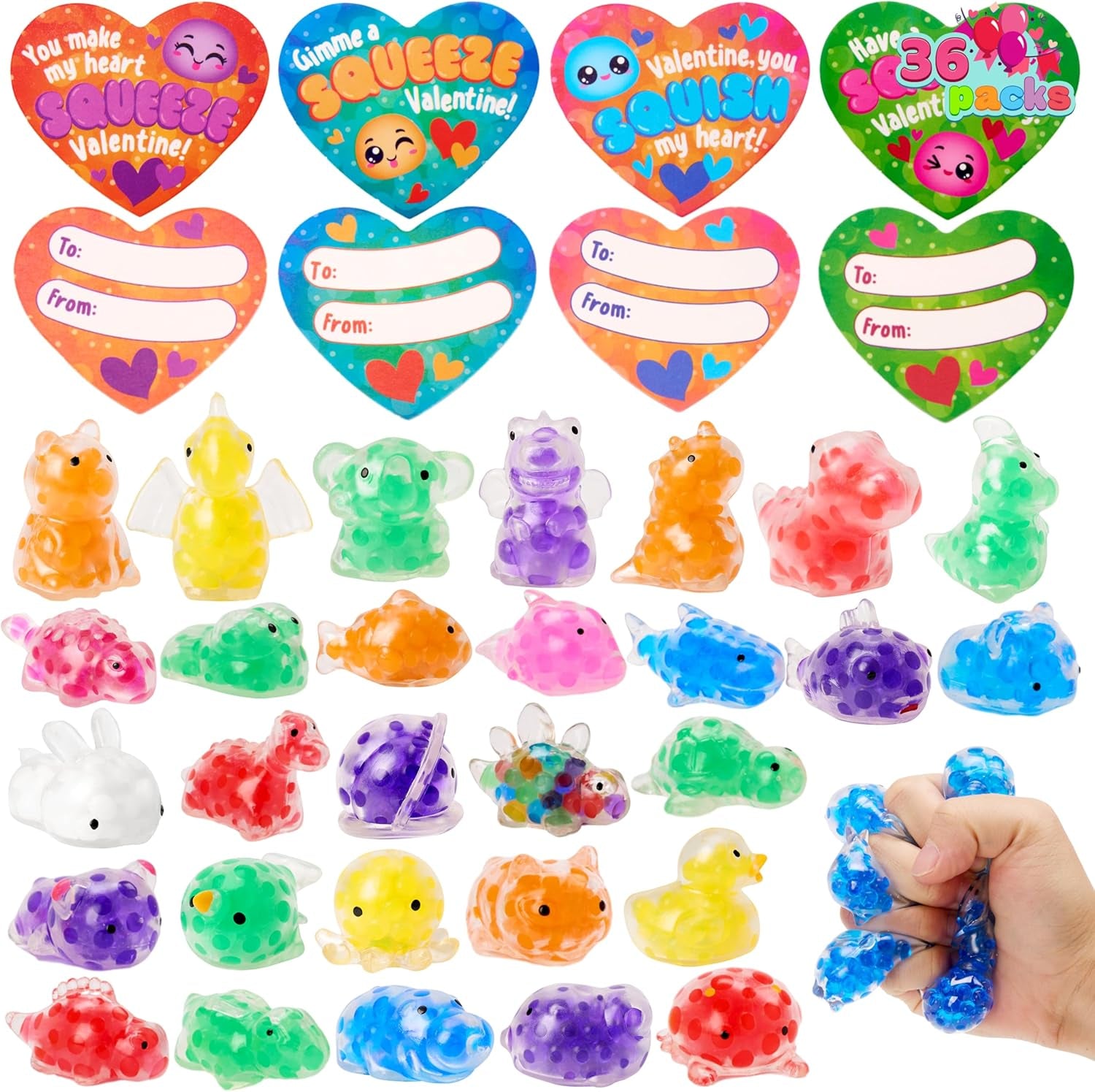 36 Packs Valentine’S Day Heart Gift Cards with Jelly Mochi, Mini Critter Squeeze Balls, Stress Relief Fidget for Valentine‘S Party Favors and Exchange