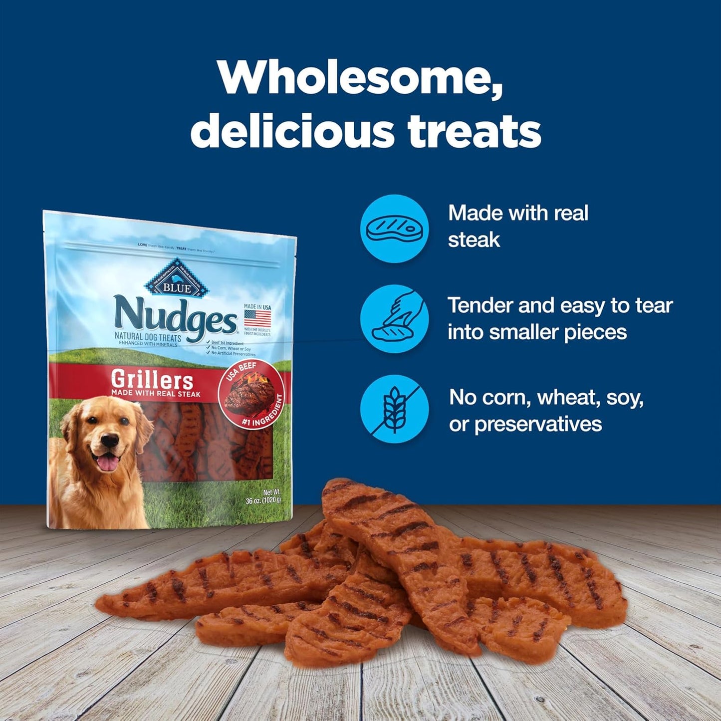 Nudges Grillers Natural Dog Treats, Made in the USA with Real Steak, 16-Oz Bag