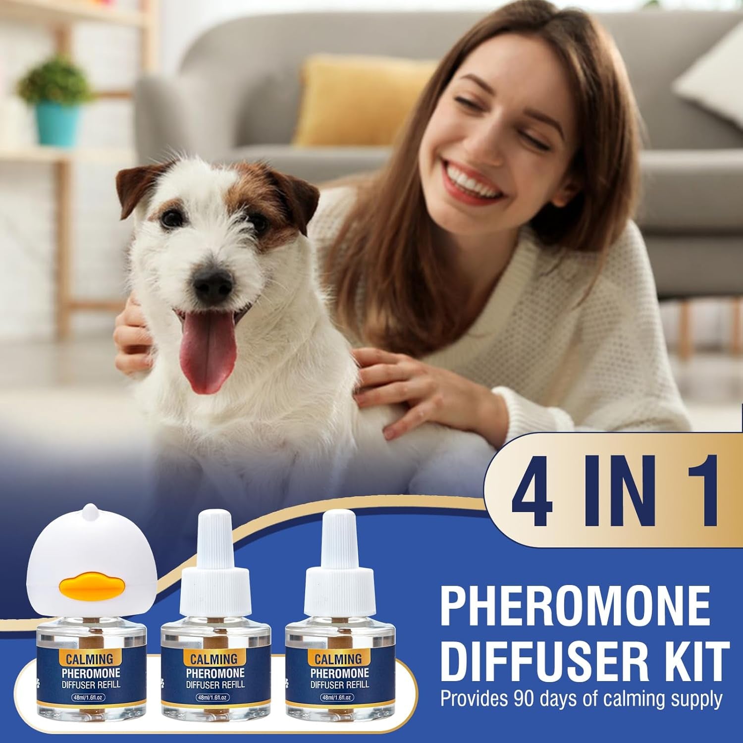 Dog Pheromone Calming Diffuser 4 in 1 Appeasing Pet Pheromones Diffuser to Calm Kit (Plug In+ 3 Pack 48Ml Refill) for Anxiety Relief Reduce Barking Aggression Fighting Stress 90 Day Supply(Tasteless)