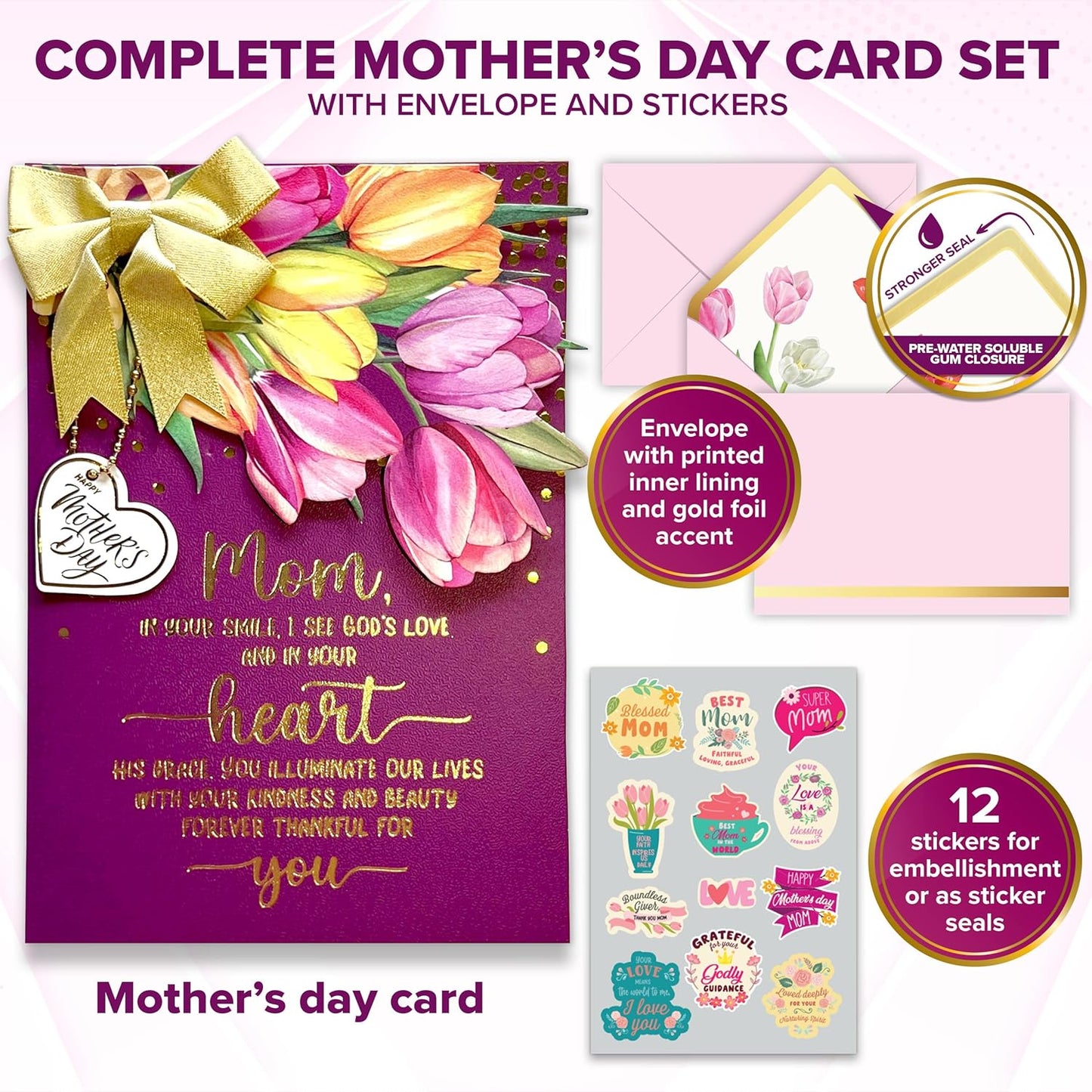 Gold Foiled 5X7In Individual Religious Mothers Day Cards for Mom with Vibrant Tulip Cutout, Gold Ribbon and Die-Cut Heart Charm, Card Set with Envelope and Stickers, Printed Message Inside