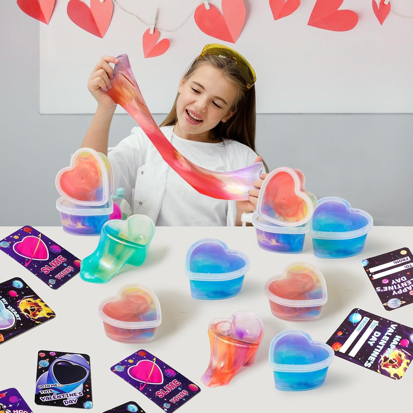 28PCS Kids Valentines Day Cards for Kids Classroom School Exchange, Valentines Cards with Slime Bulk, Valentine Cards Gifts for Kids Classroom School, Valentines Day Gifts for Kids