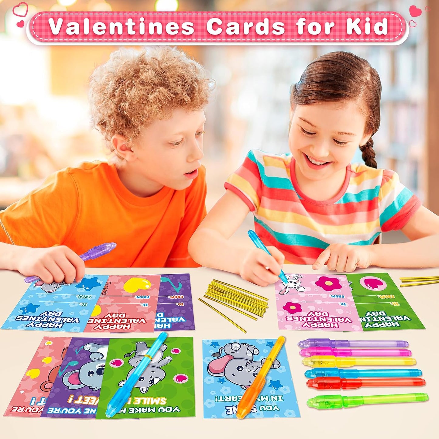 Valentine'S Day Gifts Cards for Kids，28 Pack Invisible Ink Pen with Greeting Cards for Kids Classroom Exchange Prizes, Magic Pen with UV Light for Secret Message, Valentine School Party Favors