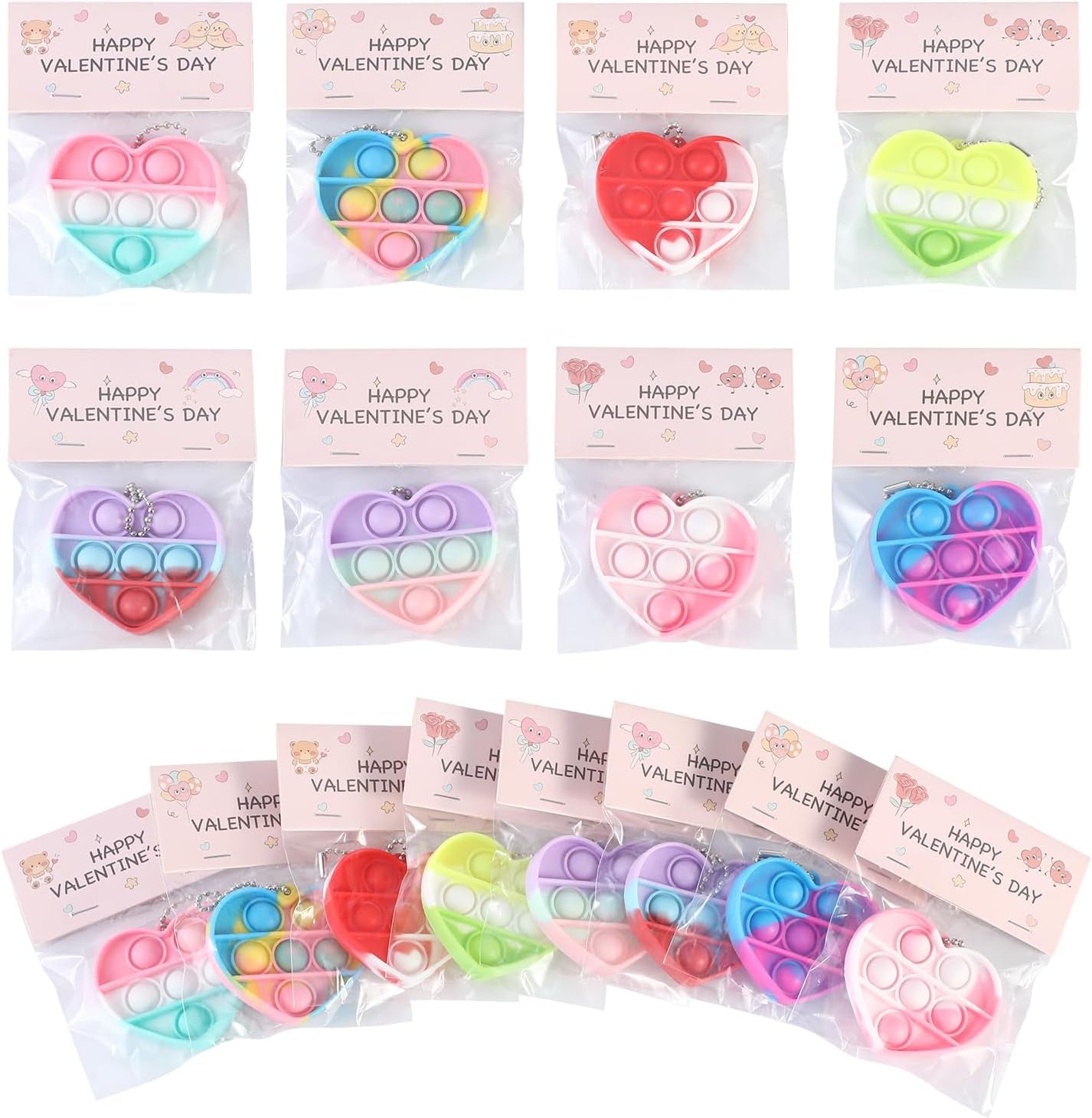 32Pcs Heart Shape Pop Fidget Toy with Valentine'S Day Card for Kids,Valentines School Classroom Exchange Kit for Kids, Party Favor Supplies for Kids