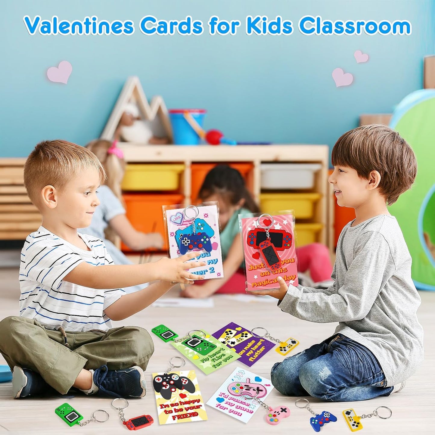 Valentines Gifts Cards for Kids Classroom, 30 Pack Game Console Keychain with Cards, Valentines Day Exchange Prizes for School, Valentines Party Favors, Valentines Day Gifts for Kids